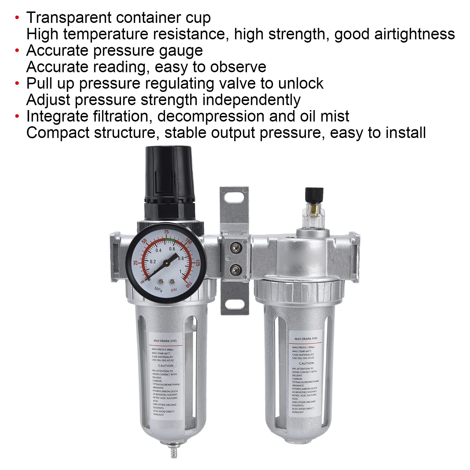 Kit combiné de régulateur de filtre à air comprimé avec manomètre et séparateur d'eau pour compresseurs d'air industriels, lot de 2 construction en alliage d'aluminium (SFC200)