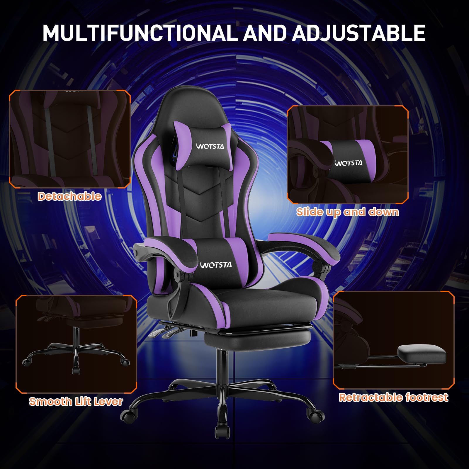 Sedia da gioco con poggiapiedi, sedia ergonomica da gaming, sedia per computer con supporto lombare, poggiatesta, sedia per PC regolabile in altezza con seduta girevole a 360°, per ufficio o gioco