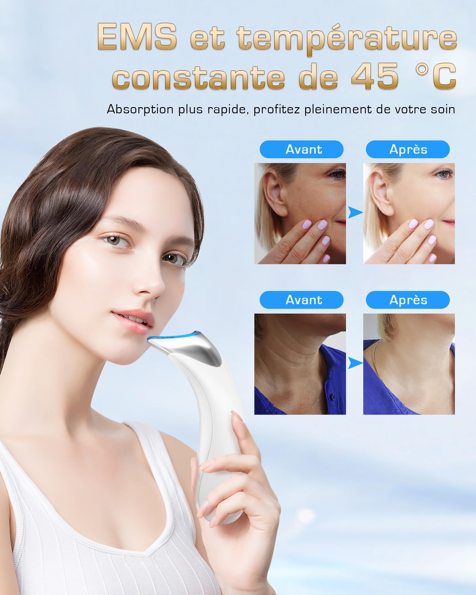 Appareil Massage Visage Anti Rides: Masseur Facial Double Menton de Beauté Electrique avec Lifting EMS Massage Thermique à 45℃ - 3 Modes LED Appareil de Beauté - Raffermissement du Visage et du Cou