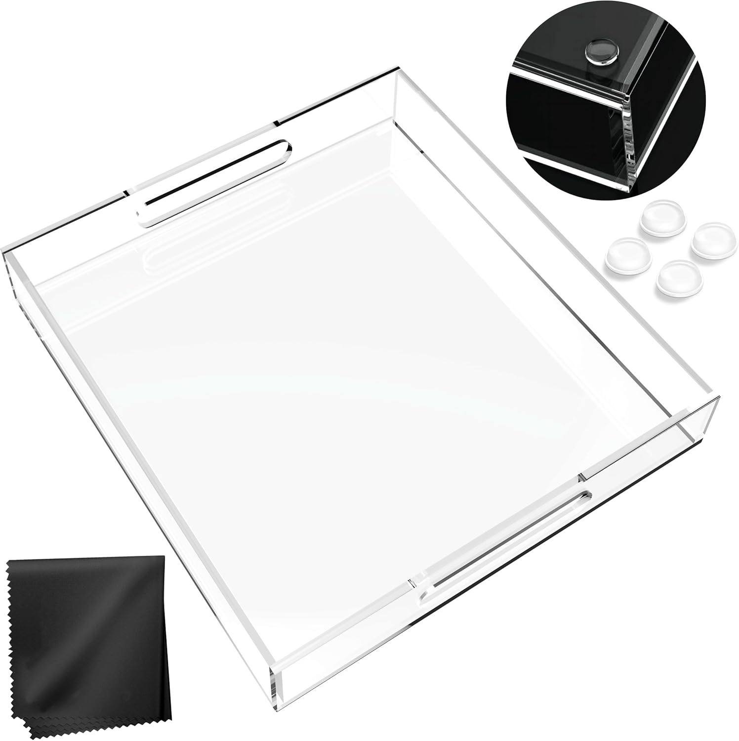 Acrylic Tray 12x12 with Cut Handles - Spill Proof Decorative Tray is an Ideal Countertop Organizer for Living Rooms, Ottoman Coffee Tables, Offices, Kitchens & Serving Guests