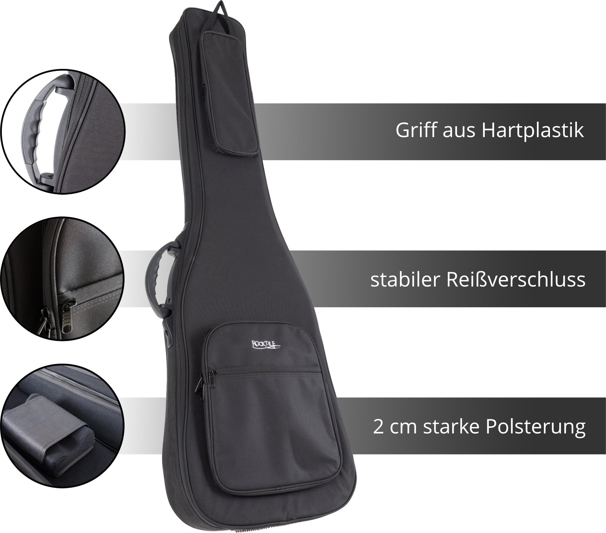ROCKTILE EBSC-2124BK Funda Suave para bajo eléctrico, Acolchado Grueso, Soporte mástil Ajustable, 3 Bolsillos Grandes, Protege contra Humedad y Polvo, arnés Mochila retráctil, Color Negro.