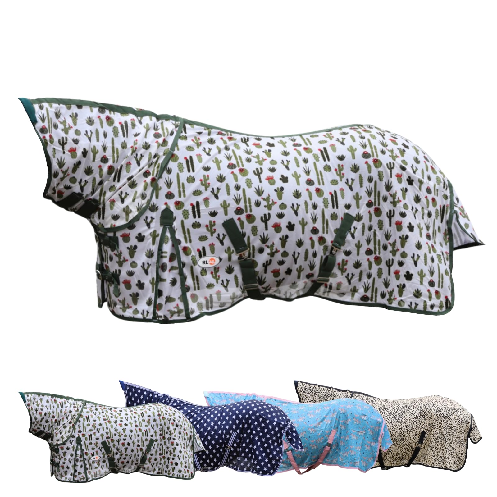 RL24 Fliegendecke mit Halsteil Kreuzgurt Design Kaktus Ekzemerdecke verstellbaren Kreuzgurten Schweiflatz Schutz vor Insekten Outdoor-Pferdedecke 125 cm