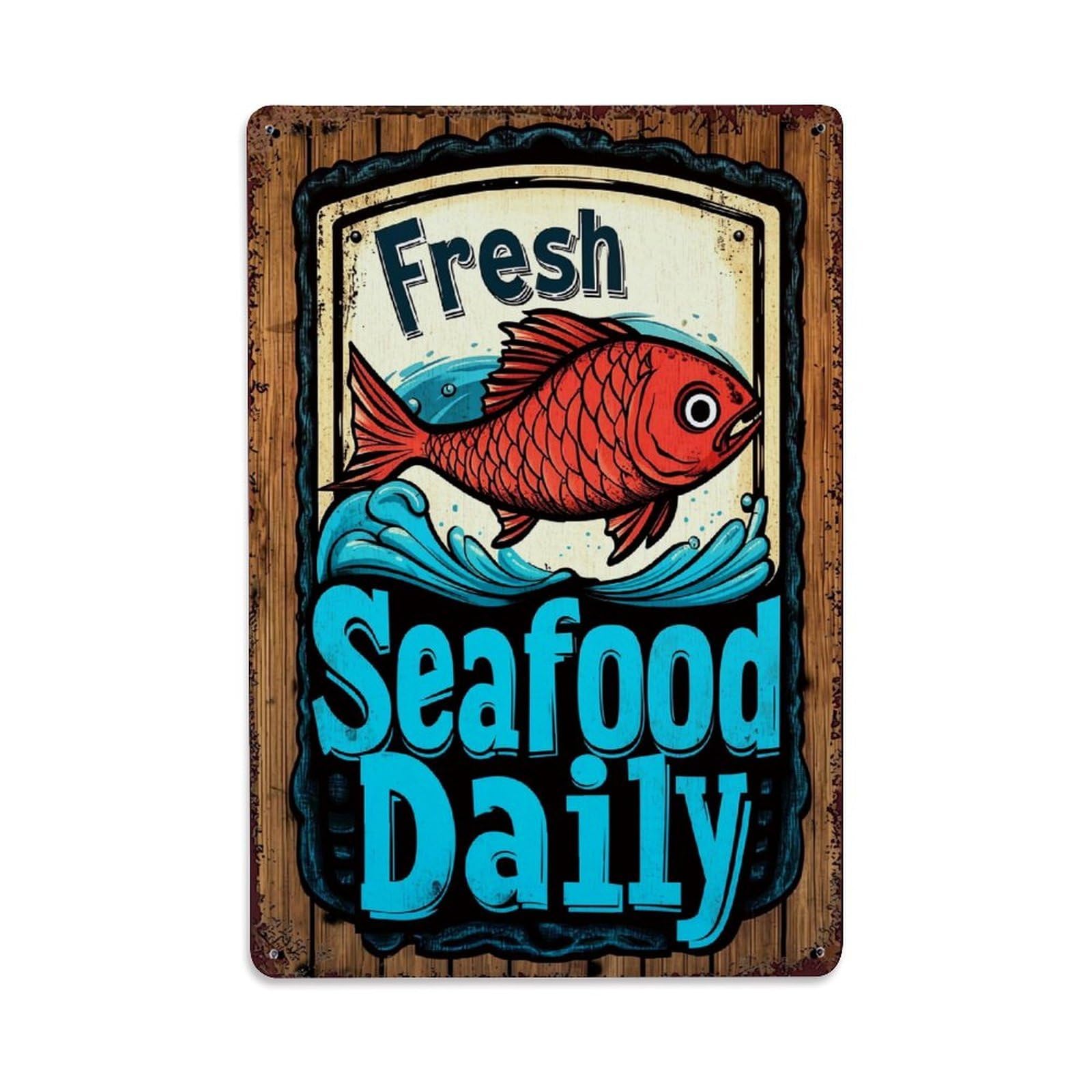Jdfenggu Vintage Fresh Seafood Daily Fish Wave Retro Metal Tin Sign, Decor Art Poster For Bar, Home, Man Cave, Kitchen, Laundry Room Gift 8X12inch