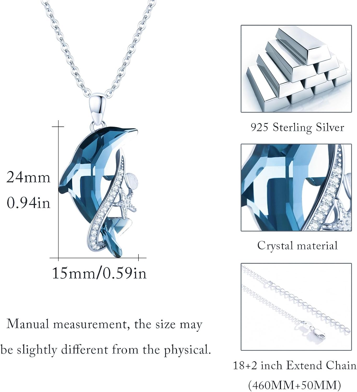 Cuoka Sterling Silver Dolphin Pendant Necklace Blue Crystal Dolphins Jewelry Summer Beach Themed Gifts for Women Birthday Christmas Mothers Day Graduation - Image 2