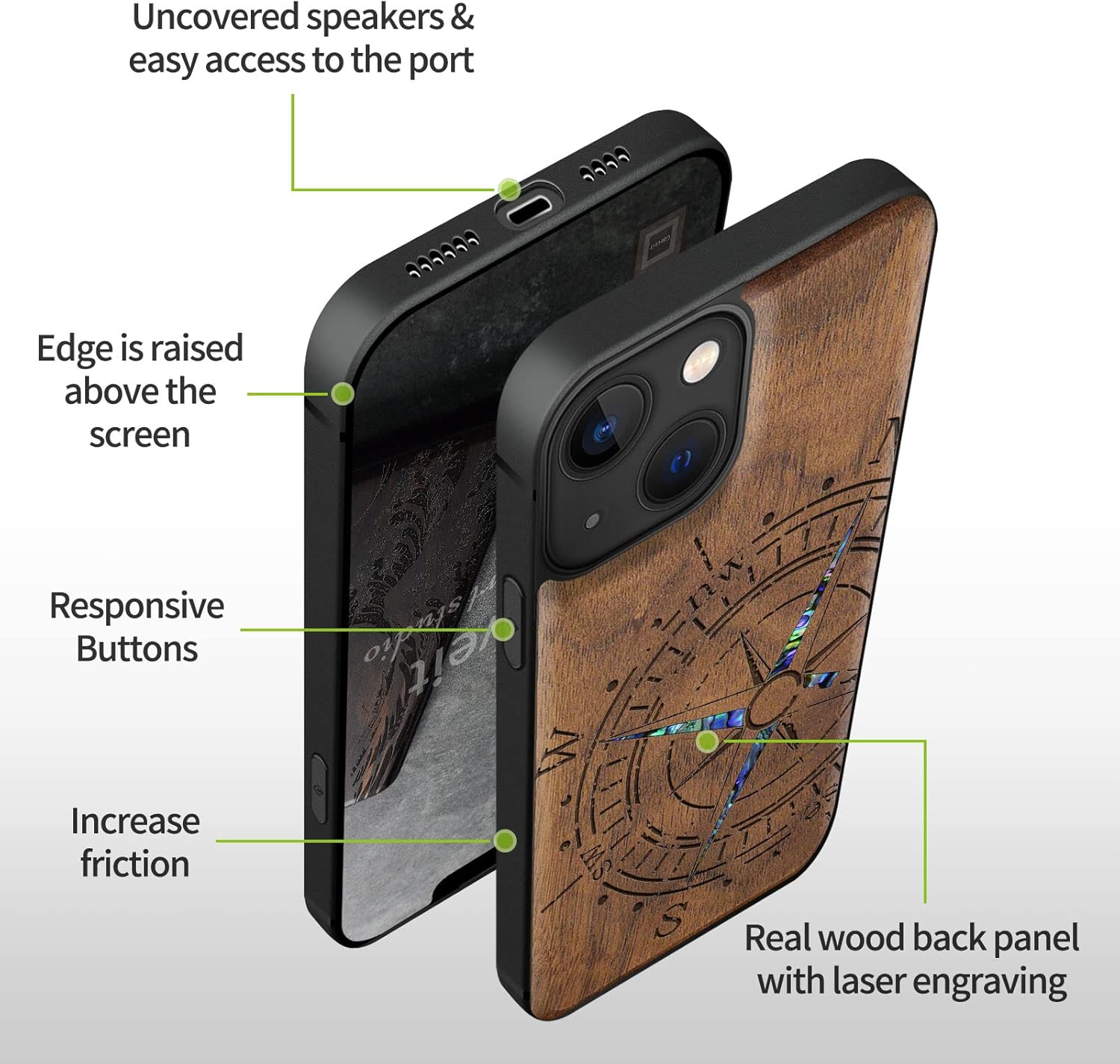 Carveit Designer Wooden Protective Case for iPhone 13 Magnetic Cover [Wood Engraving & Shell Inlay] Wood Phone Case Compatible with iPhone 13 MagSafe 6.1 Inch (Compass-Walnut)