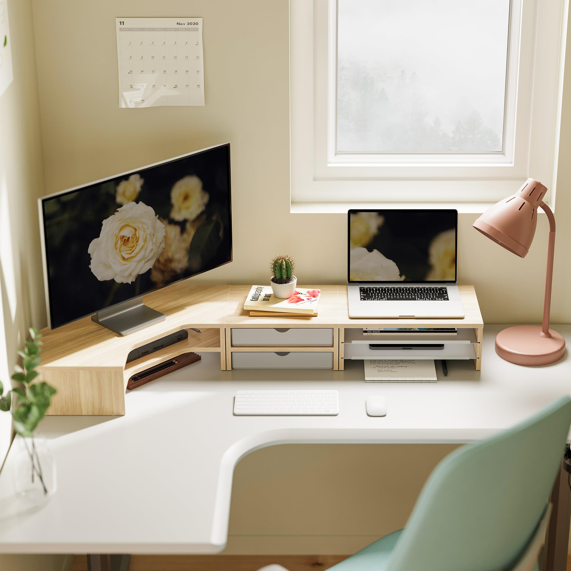Fenge Monitorständer 3 in 1, Dual Monitor Stand mit Schublade und Ausziehbarem Tablett, L-Förmiger Eck Bildschirmerhöhung, Frei Kombinierbar, Für Home Office, PC, Laptop, Drucker, TV (Eiche)