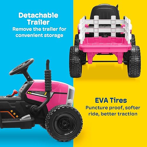 Miniatura 4 de Kidzone Tractor eléctrico alimentado por batería para niños con remolque para montar en el suelo con 2 velocidades luces LED USB y Bluetooth Audio