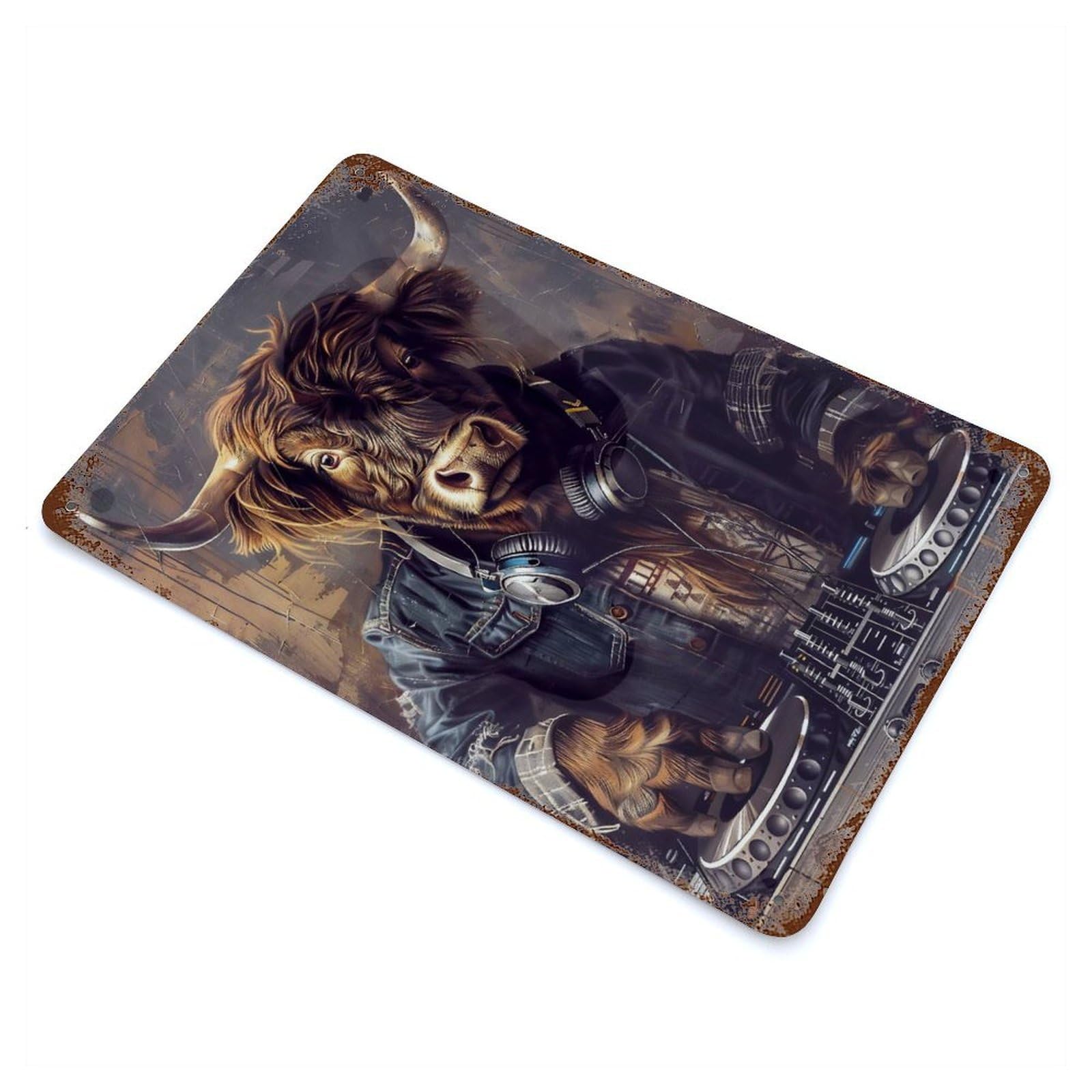 DJ Bull Illustration Weathered Tin Sign 11.8"x7.9", Ideal for Basement, Hobby Room And Garage Decor