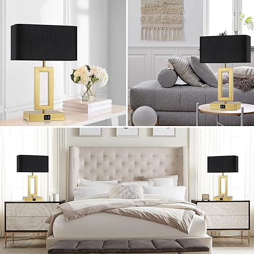 Miniatura 7 de Juego de 2 lámparas de mesa negras con dos puertos USB, lámparas de noche regulables de 3 vías con control táctil, lámpara de mesa moderna para