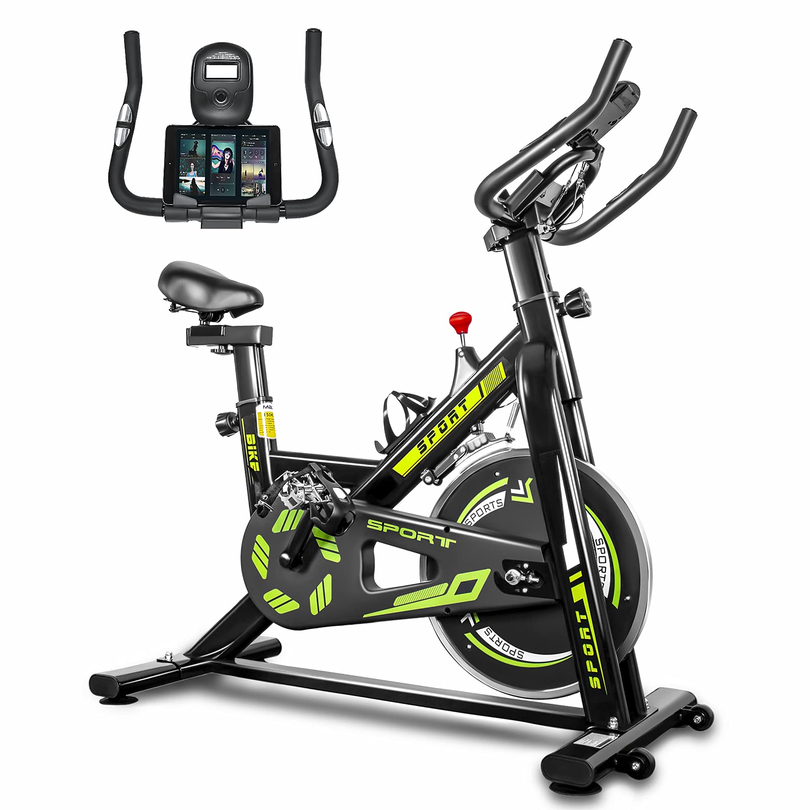 Indoor Stationary Bikes for Home Exercise, Cycling Bike with LCD Monitor Pulse Sensor and Pad Holder, Quiet and smooth Belt Drive with Chromed Flywheel 22lbs