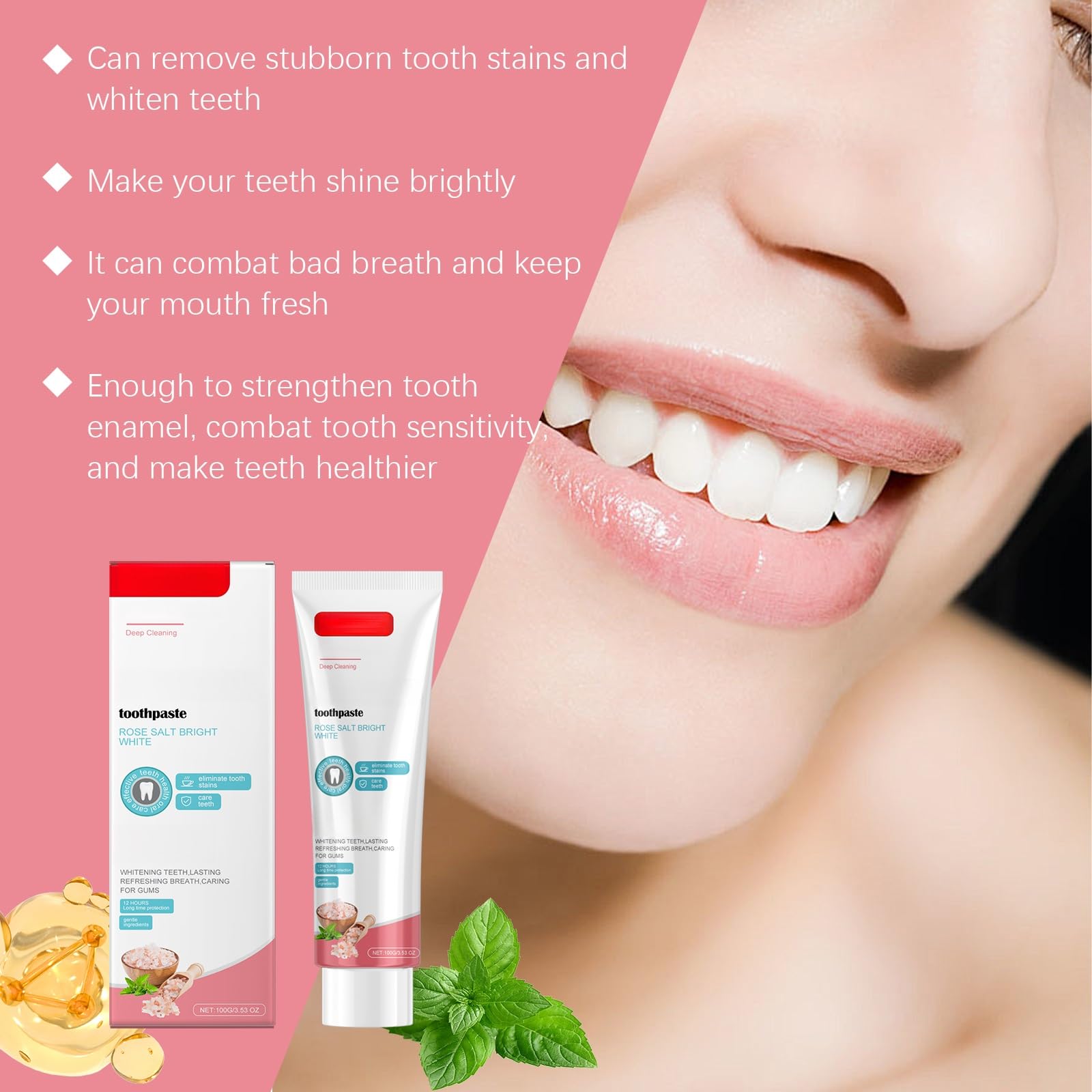 Dentifricio sbiancante alla menta e rosa, estratto naturale for la rimozione delle macchie, formula delicata non abrasiva for l'alito fresco e l'igiene orale quotidiana(3pcs)