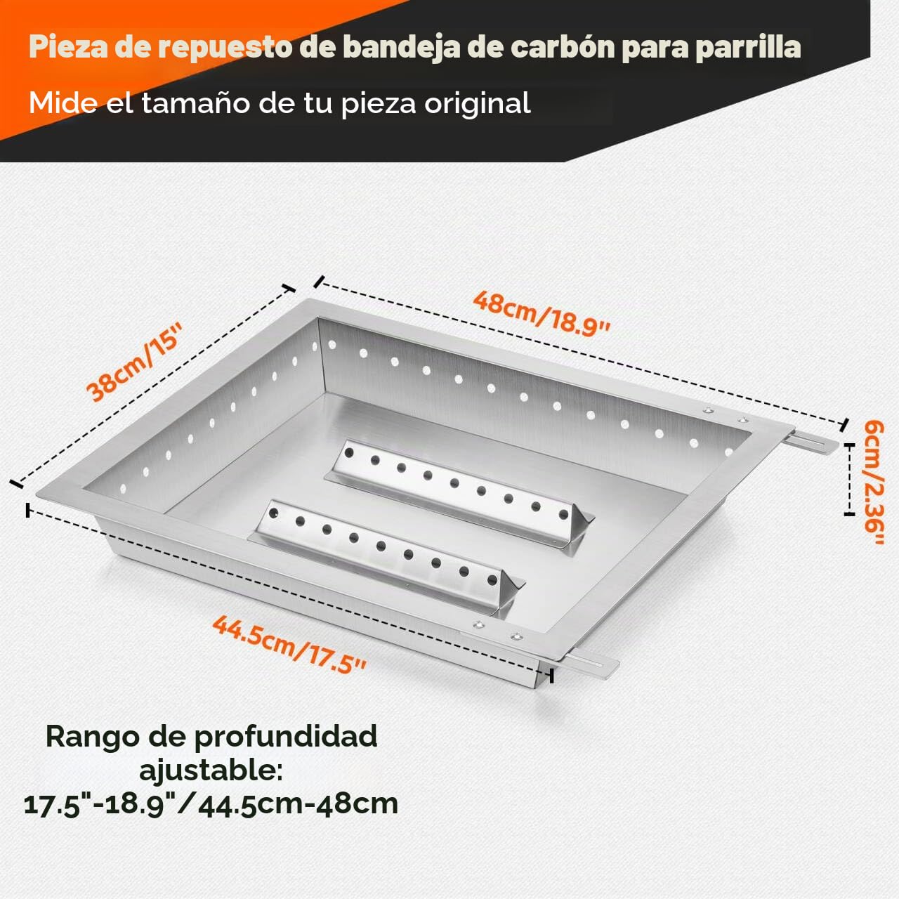 onlyfire Bandeja de Carbón de Acero Inoxidable, Barbacoa Cesta de Carbón para Barbacoa de Gas Weber, Longitud Ajustable de 44,5 a 48 cm, Bandeja de Carbón para Spirit ll 210, Spirit ll E-310