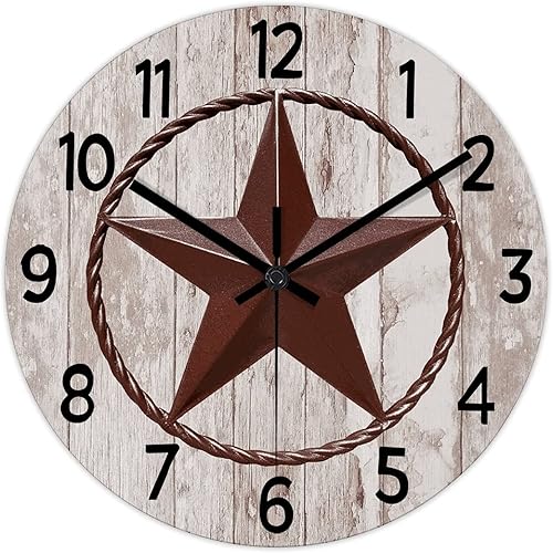 Miniatura 8 de Reloj de pared retro de estilo rústico con estrella de Texas occidental, reloj de madera, silencioso, sin tictac, funciona con pilas, para sala de