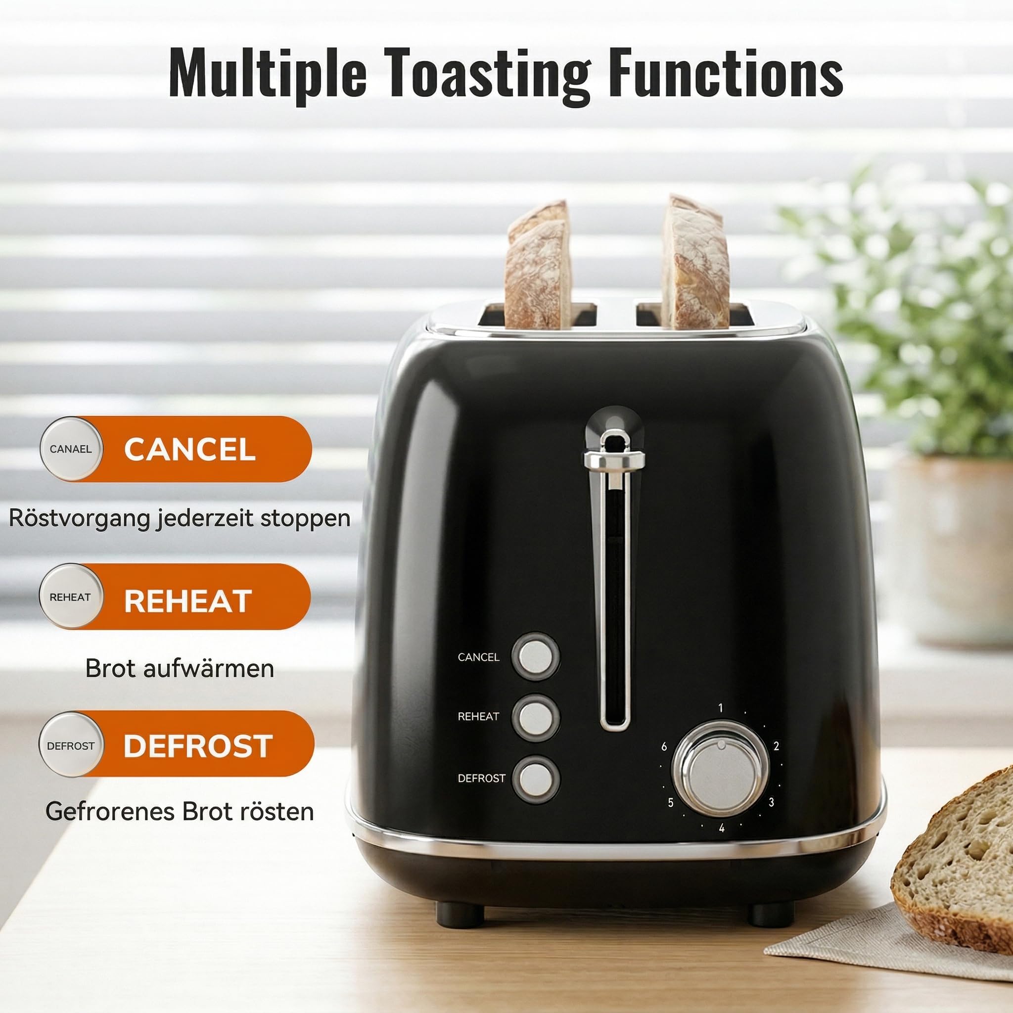 Keenstone Toaster 2 Scheiben, Retro Edelstahl Toaster mit breitem Schlitz, 6 Bräunungsstufen, mit Warmhalterost, Aufwärm- & Auftaufunktion, für Toast und Brot, herausnehmbare Krümelschublade