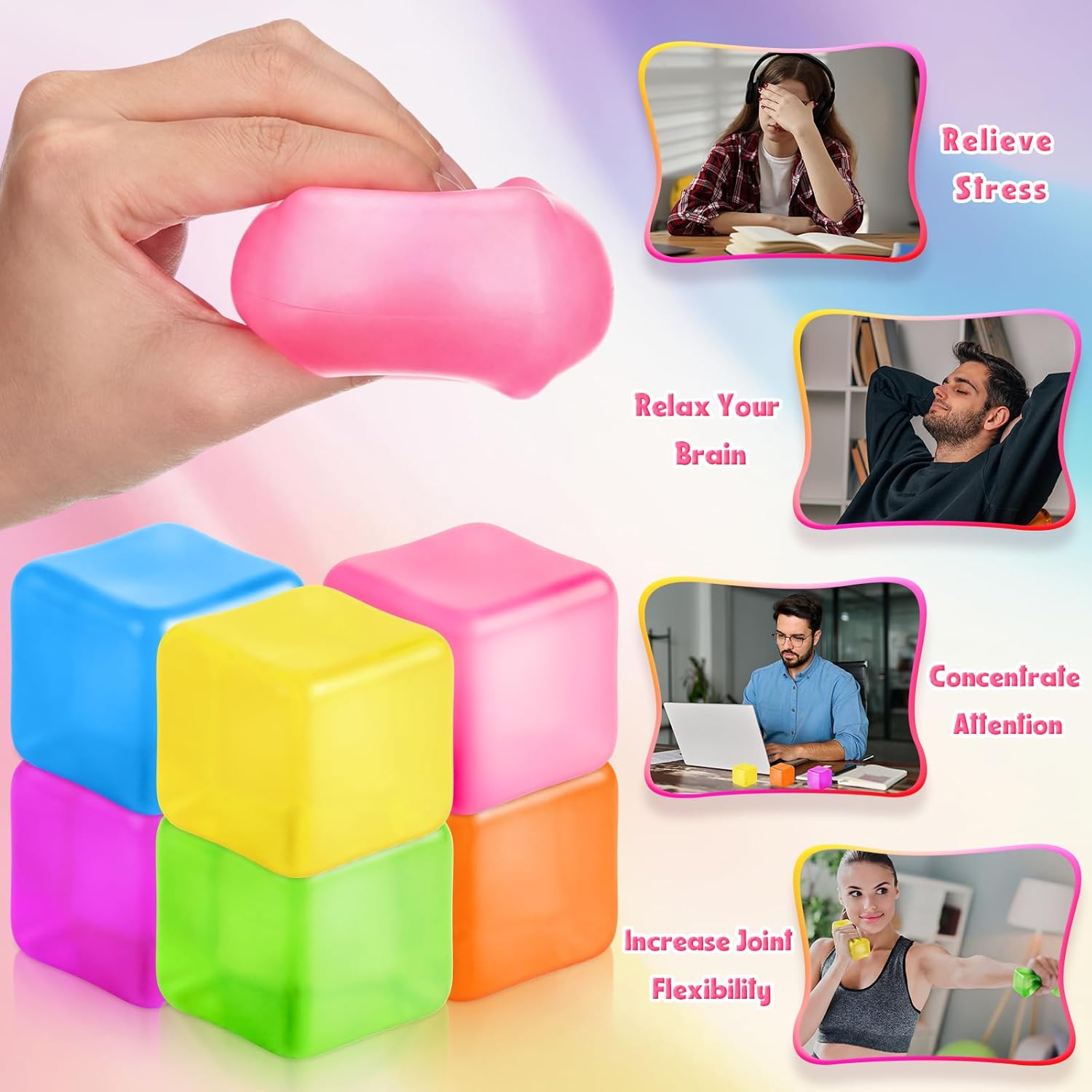 18 Pack Adults Fidget Stress Cube 2.17" Ice Squeeze Fidget Blocks Square Solid Sensory Squeeze Stress Balls Anxiety Relief for Home Office Party Holiday Ideas Gifts