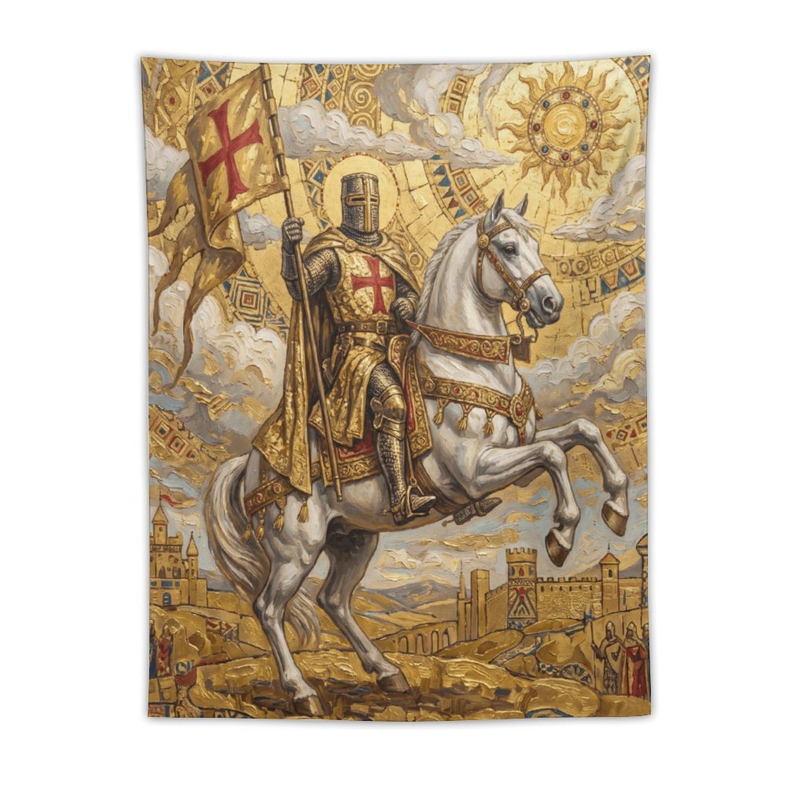 W7C8U2X3 Crusader Knight Wall Tapestry, Medieval Illustration, Bedroom