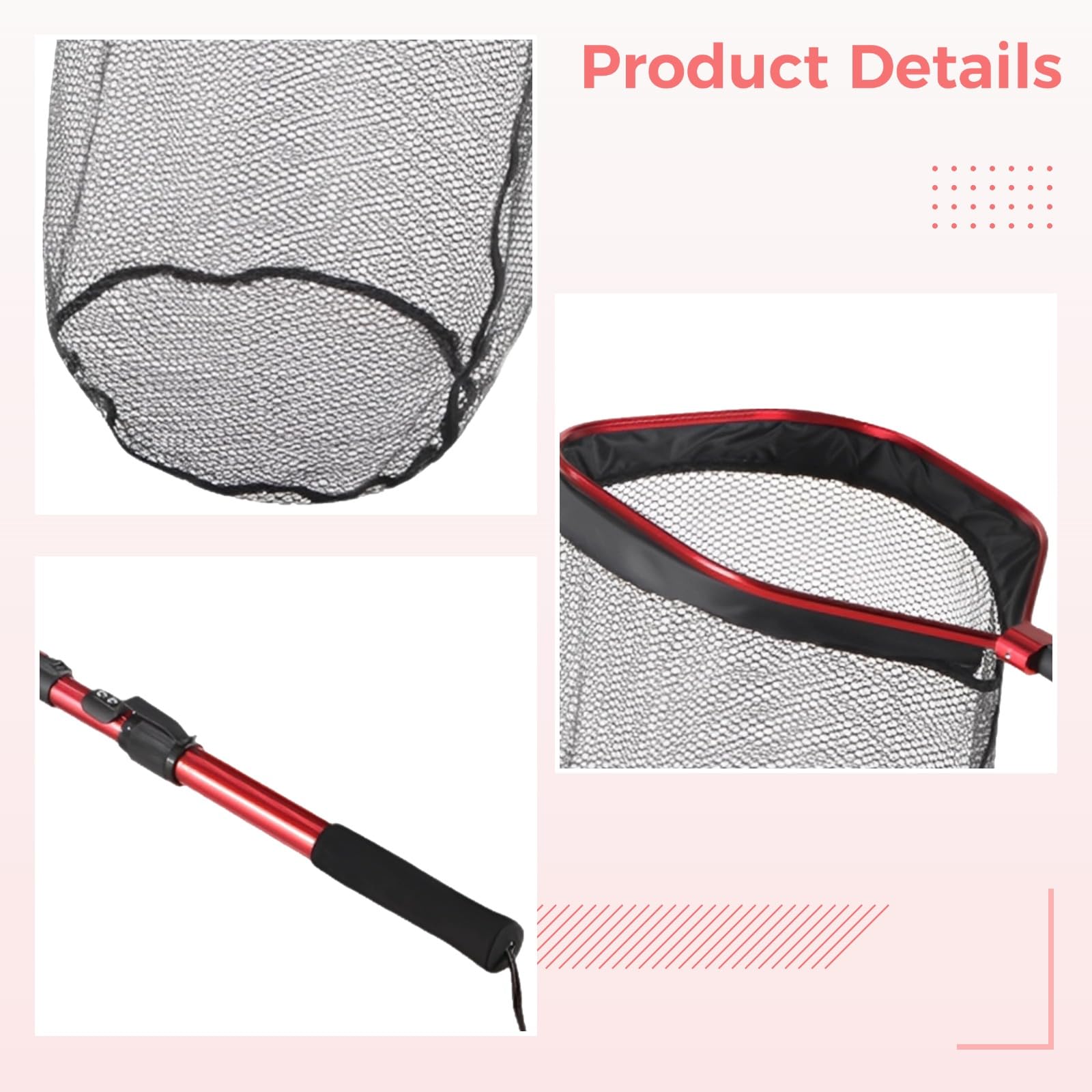 Épuisette Pliable pour pêche, Perche en Alliage d Aluminium, Filet revêtu de Caoutchouc, Longueur déployée 41,3 in / 105 cm, Profondeur 19,7 in / 50 cm, tête carrée, Charge 44 lbs / 20 kg, Rouge