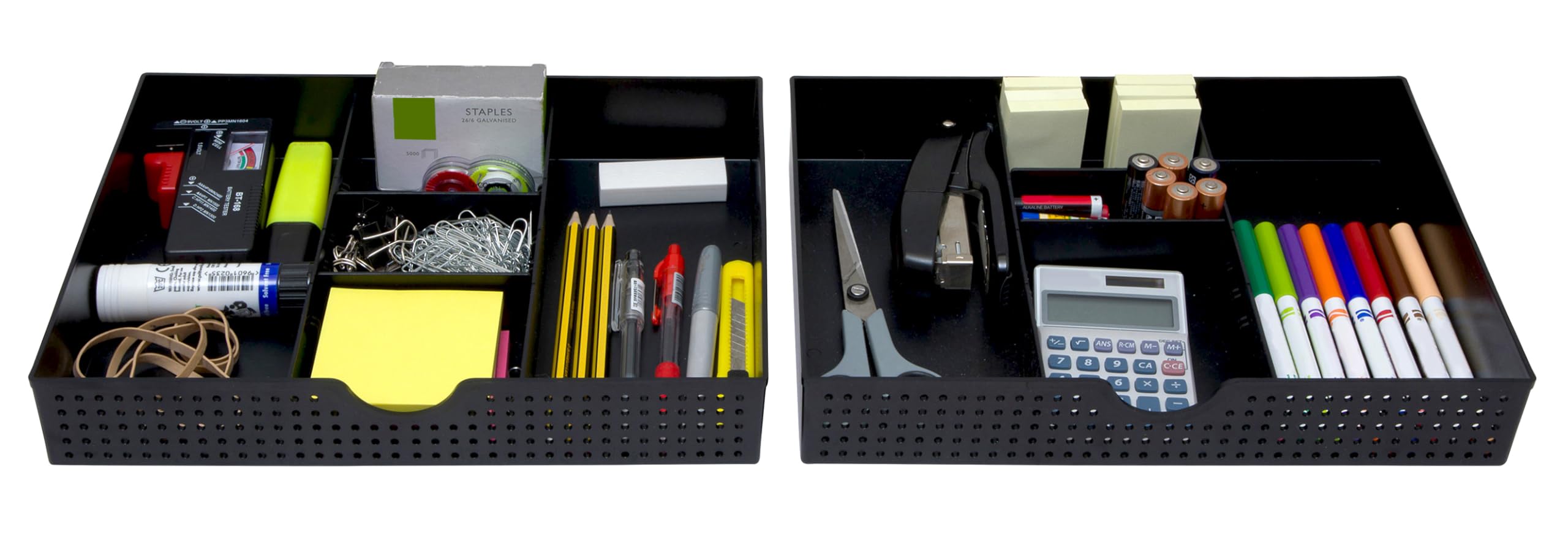 Amtido Black Desk Drawer Organiser Tray For Office Stationary Supplies & Accessories - Sleek 3 Compartments Stationery Organisers With 2 Adjustable Dividers - Desk Tidy Organiser - 2 Pack