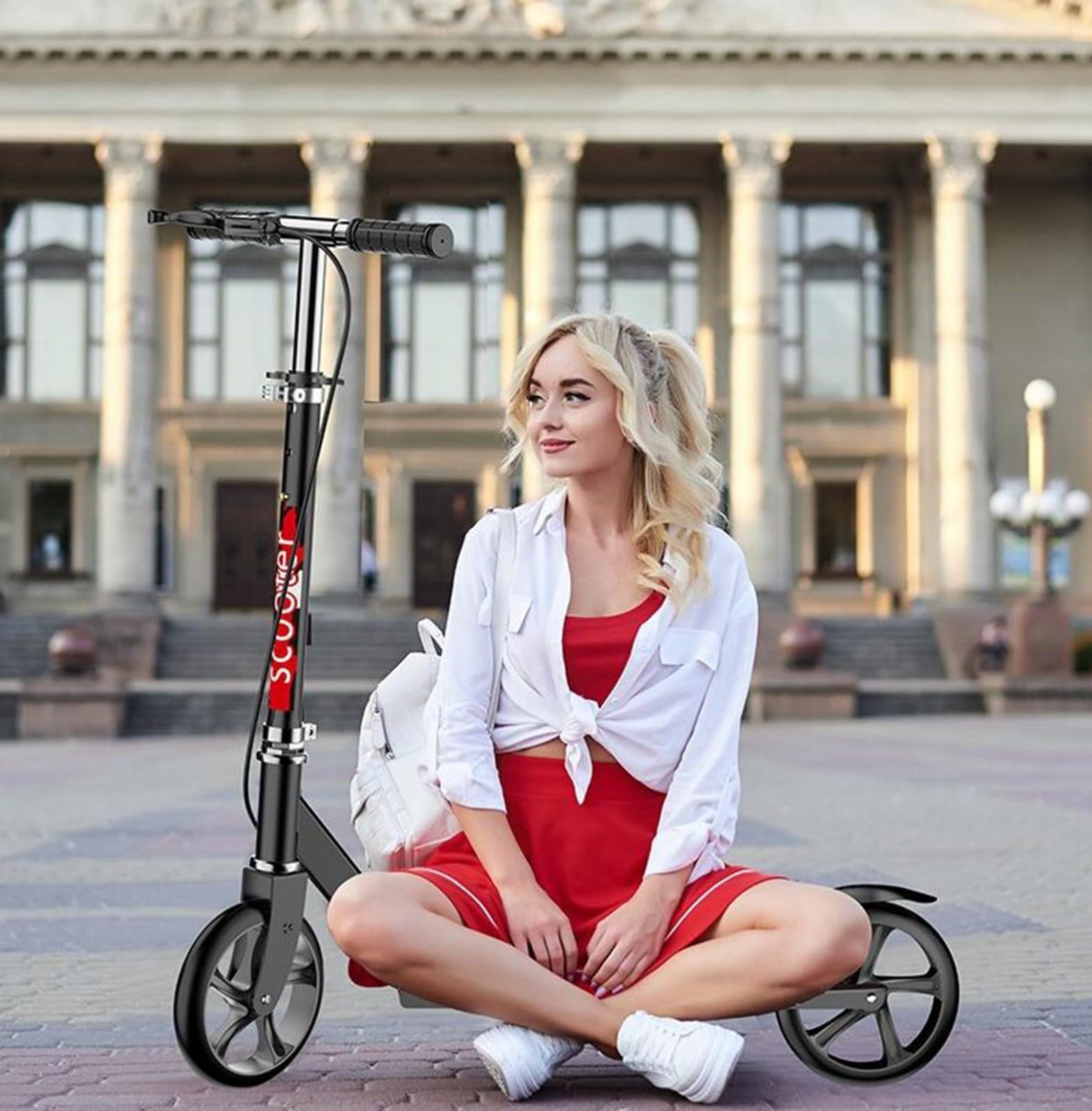Scooter Plegable FáCil, Rueda De Goma Maciza, Altura Ajustable En 4 Niveles, Pedales Agrandados Y Ensanchados, Capacidad De Carga De 100 Kg, para Adolescentes Y Adultos Black