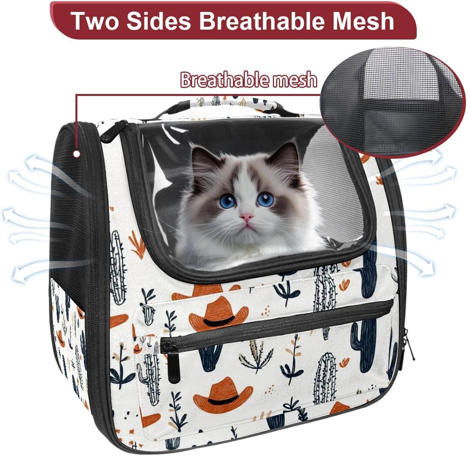 Portable Travel pet Backpack Carrier Hamster Bag Small Dog cat Carrier Breathable Hang Bag, Cowboy Hat Cactuses Western