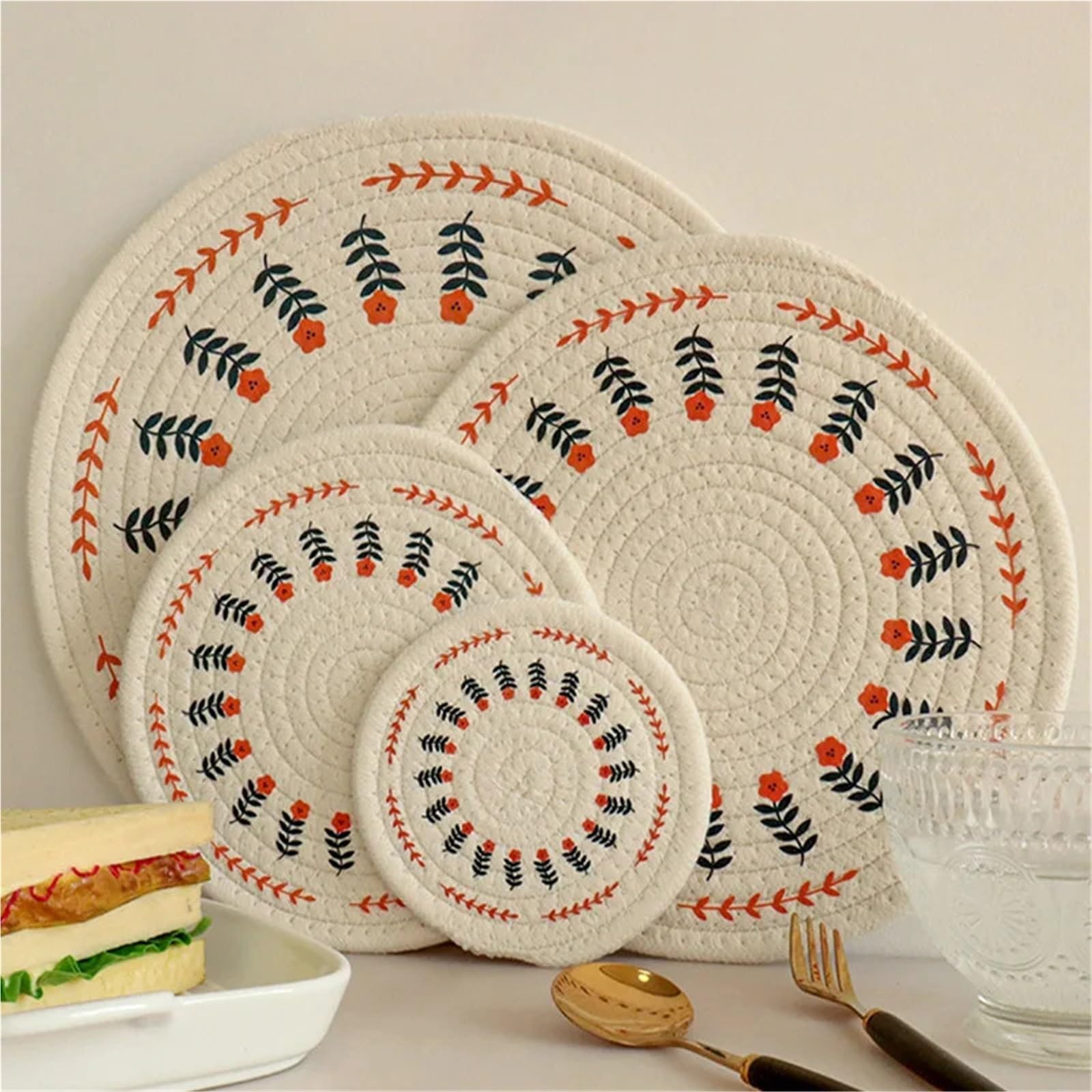 4 Piezas de Almohadillas aislantes de Calor Tejidas de algodón for Platos de Comedor, Cuencos, cazuelas, Posavasos for té, tapete de Mesa antiescaldaduras para Ollas Calientes, Platos(24cm)