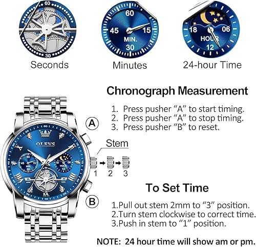 Miniatura 5 de OLEVS Reloj cronógrafo de acero inoxidable para hombre, cara grande, fácil de leer, números romanos con detalles de diamante, relojes de vestir
