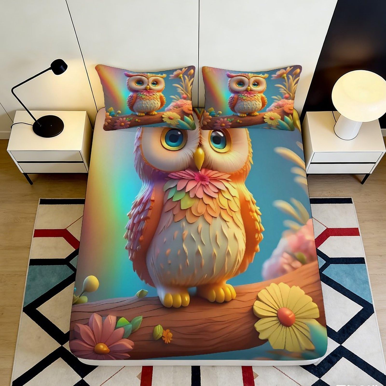 Uynsixtme Style-6 3D Printed Owl Fitted Sheet Microfiber Deep Pocket Non-Slip Bedroom Bedding Owl Mattress Fitted Cover Washable Elastic Hem 90X200x25cm