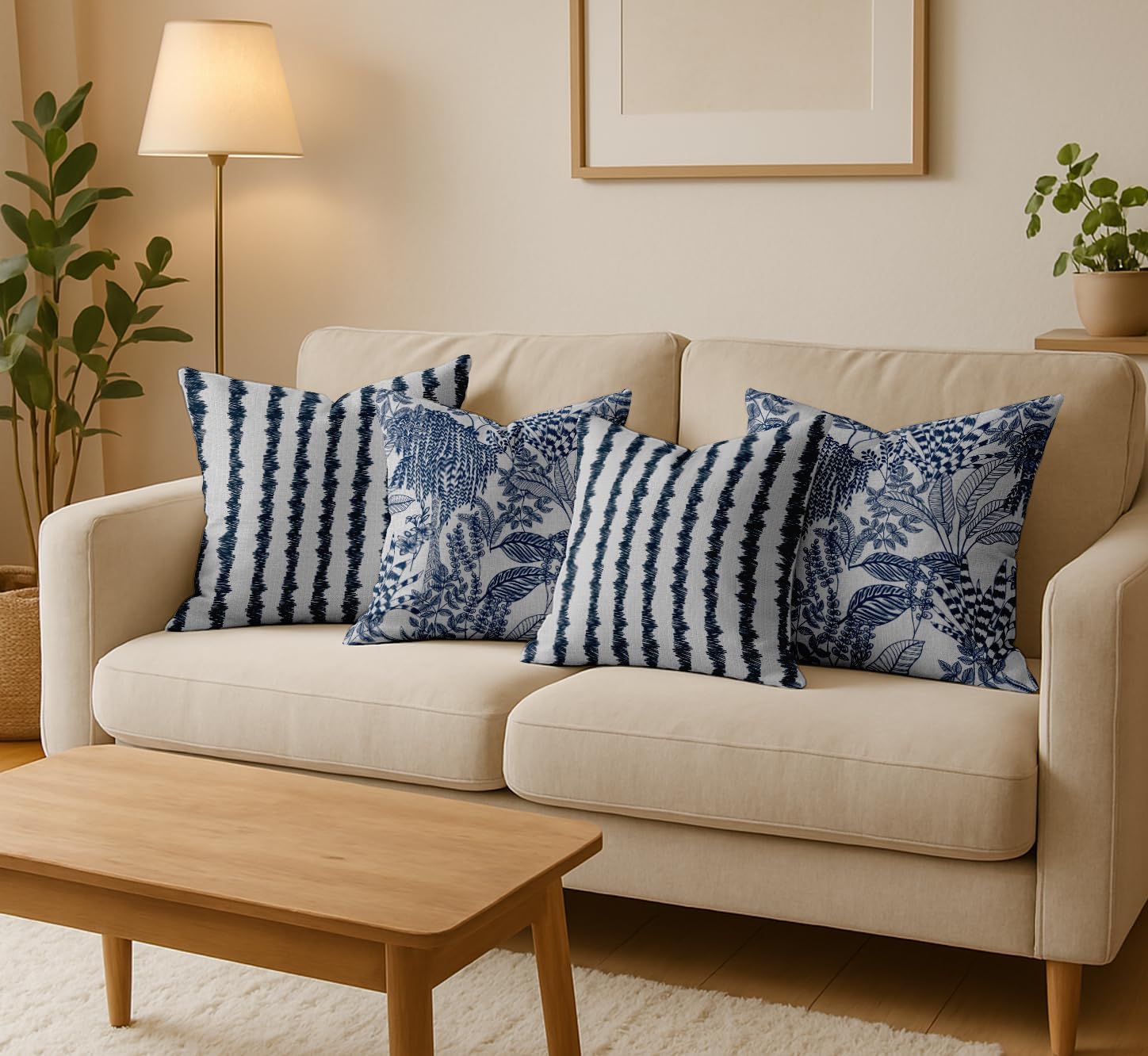 Blue Cotton Cushion Covers Set of 4, 16x16 Inch, Dual-Sided Print, Hidden Zipper Closure - Leaves Print