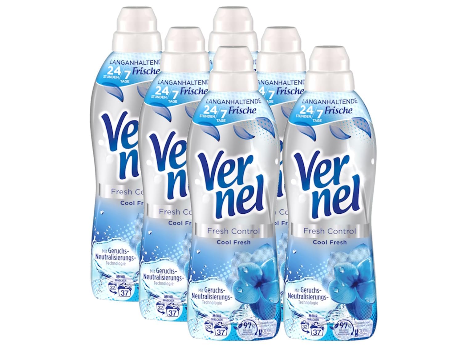 VERNEL Fresh Control Cool Fresh płyn do płukania 6 x 37 WL (222 prania), zapach prania zapewnia długotrwałą świeżość 24/7 z technologią neutralizacji zapachów, butelka nadająca się do recyklingu