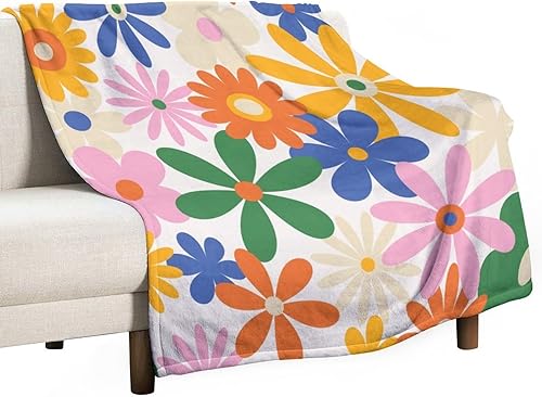 Miniatura 95 de Manta de tiro floral retro de los años 70, estilo bohemio, ondulado, geométrico, hippie, lindas flores, amarillo y naranja, manta con estampado
