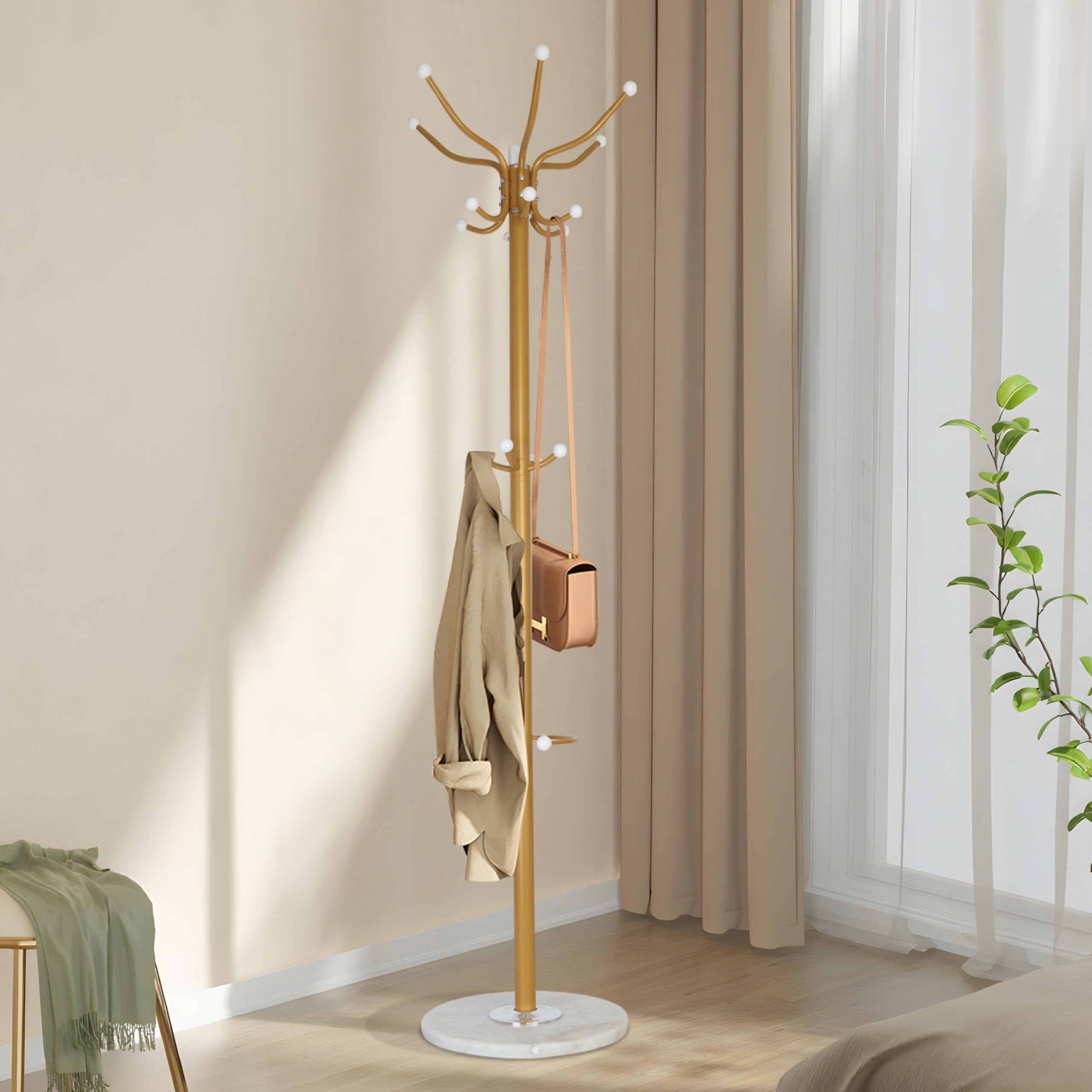 Relaxdays Garderobenständer mit Schirmständer, 16 Haken, H x D: 176,5 x 36,5 cm, Marmorfuß, Standgarderobe, Gold/weiß