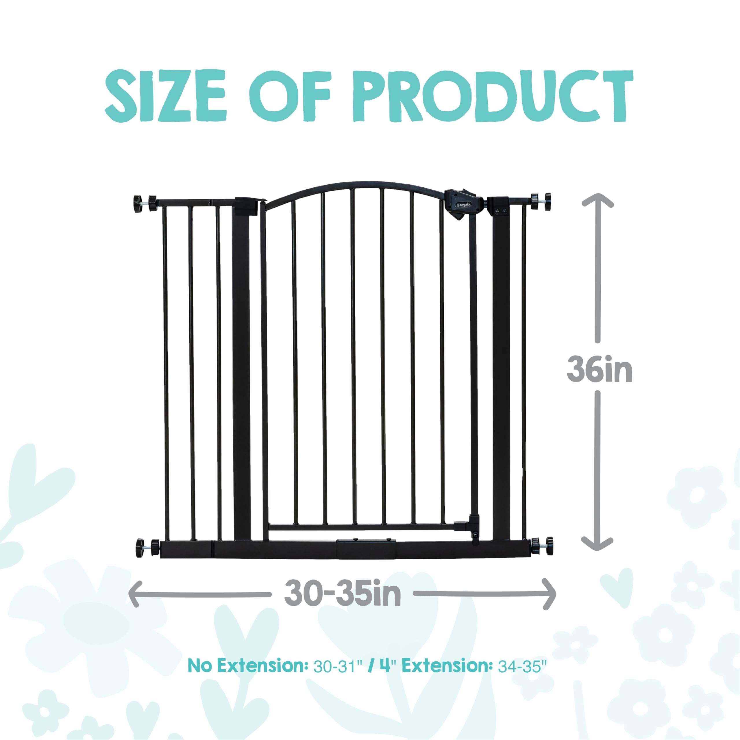 Regalo Safety 91.4cm Extra Tall Arched Baby Gate for Doorways & Bottom of Stairs, Fits Openings 75-87cm (Extension Included), Pressure Mounted for Babies, Toddlers & Pets, Bronze