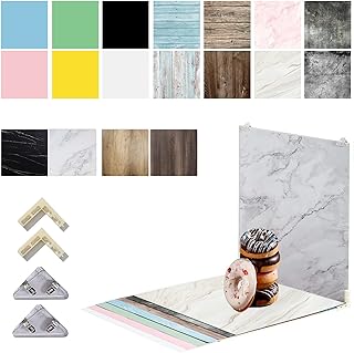 iProTech 9PCS 18Patterns Big 24x24IN Double Sided 3D Product Photography Background Boards with 4 brakets, Waterproof Reusable Photo Backdrop Props for Food Jewelry Cosmetics (Blue Pink Black)