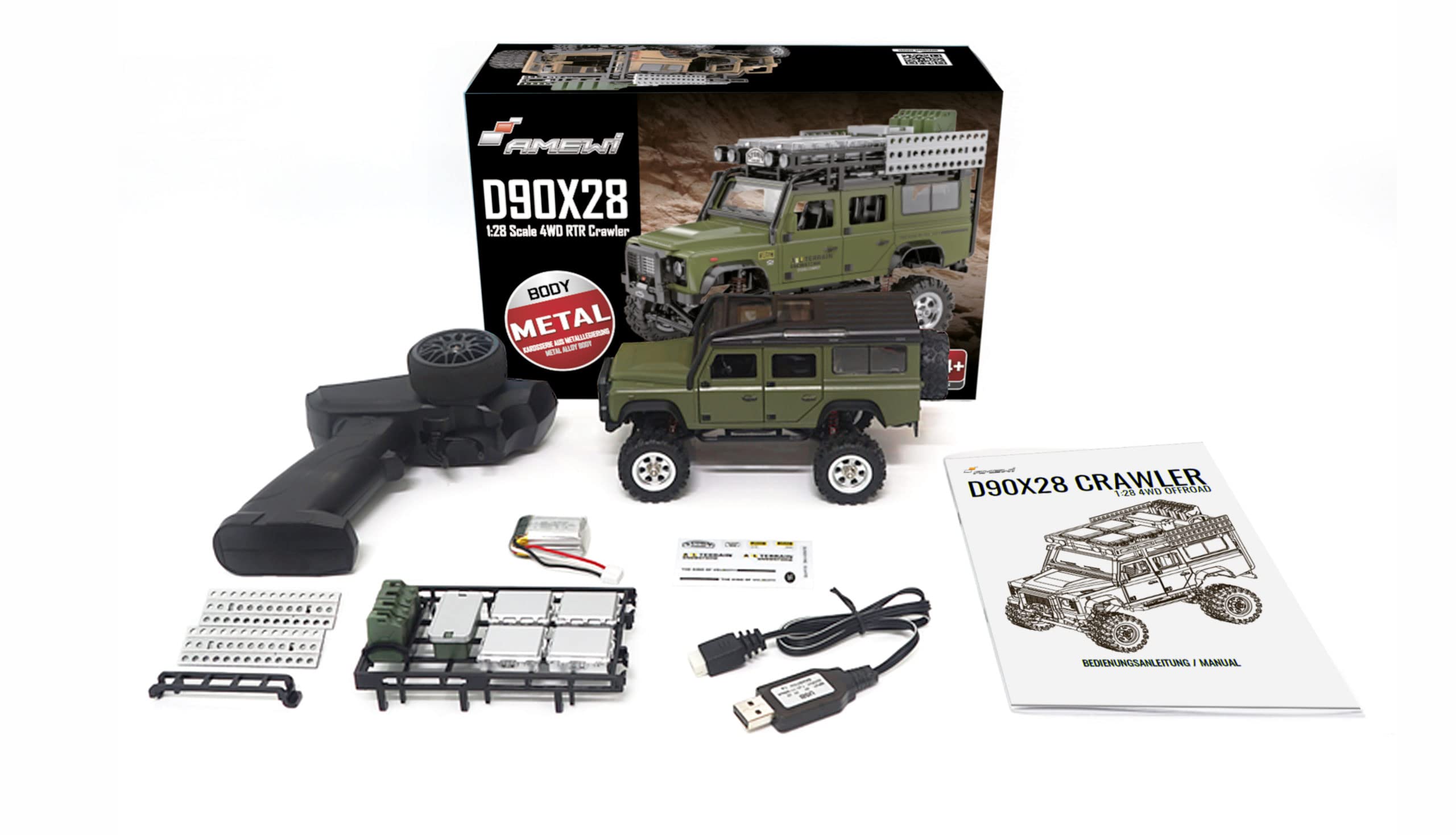Amewi D90X28 metalowa skala szczotkowana 1:28 RC model samochodu elektryczny Crawler napęd na wszystkie koła (4WD) RTR 2,4 GHz, zielony