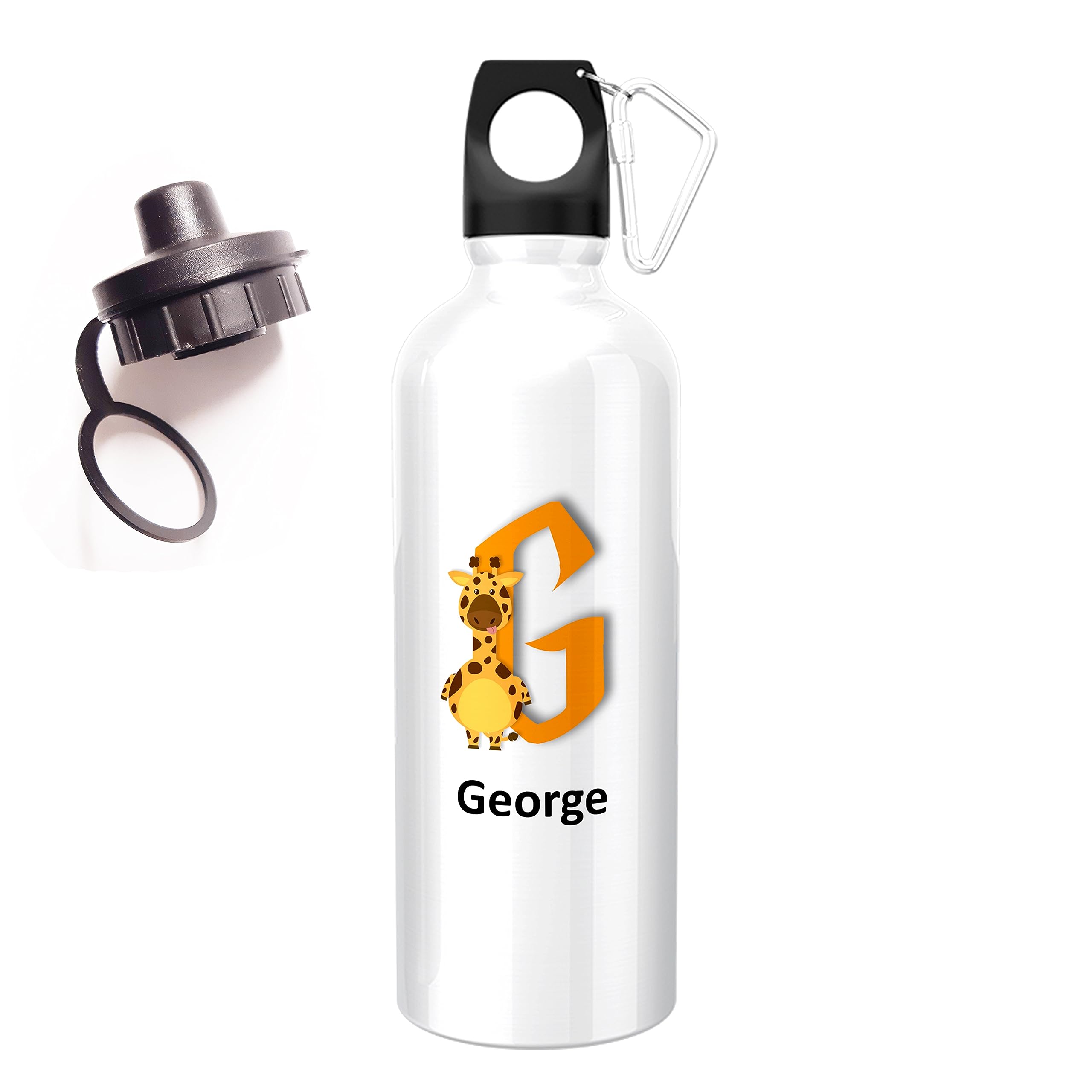 ShopQuality4U Personalised Gift 500ml Water Bottle Animal Giraffe Initials with Screw Cap and Carabiner
