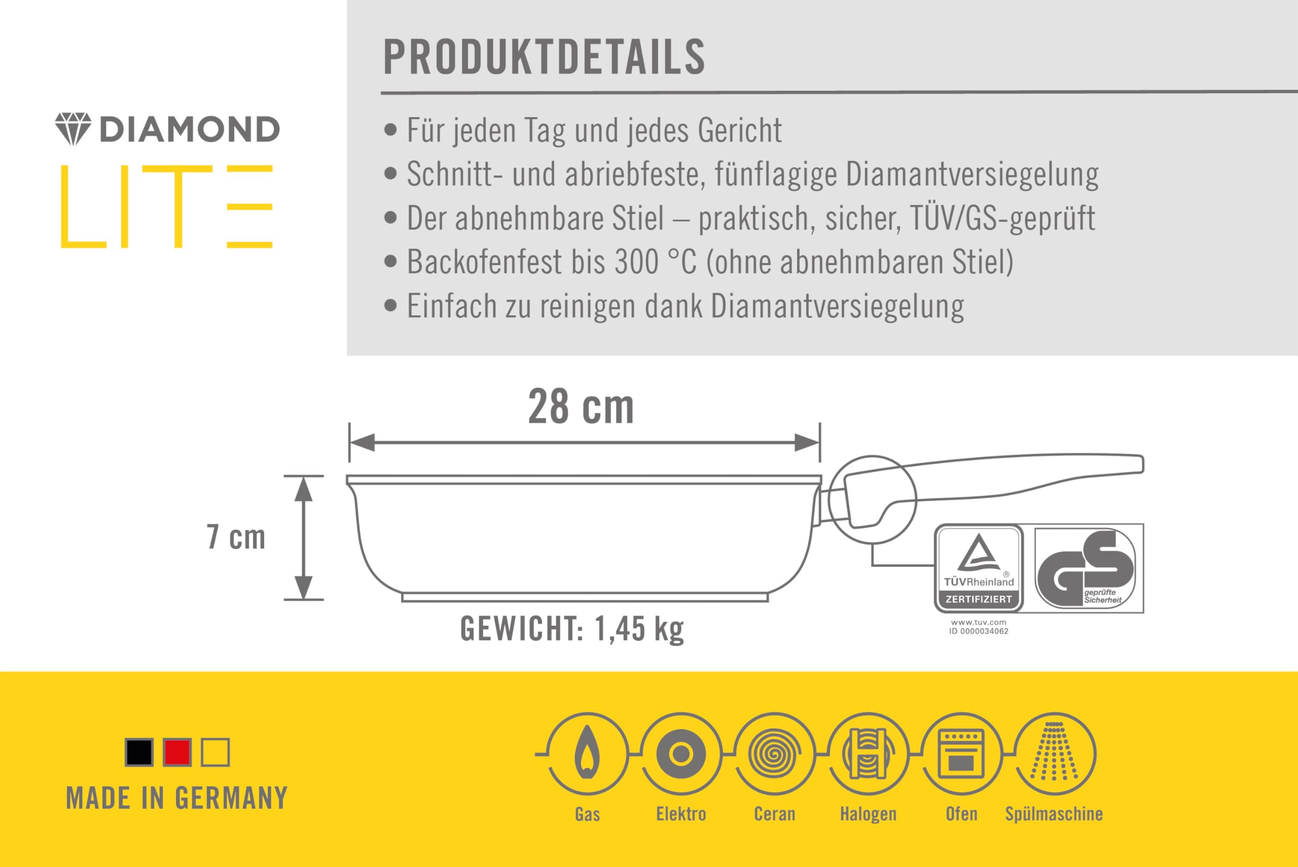 Woll – Diamond Lite Hochrandpfanne Ø 28 cm mit abnehmbarem Stiel – Antihaftpfanne aus Aluminiumguss, backofenfest, geeignet für Ceran, Gas, Elektro & Halogen – Hochrandpfanne – Bratpfanne