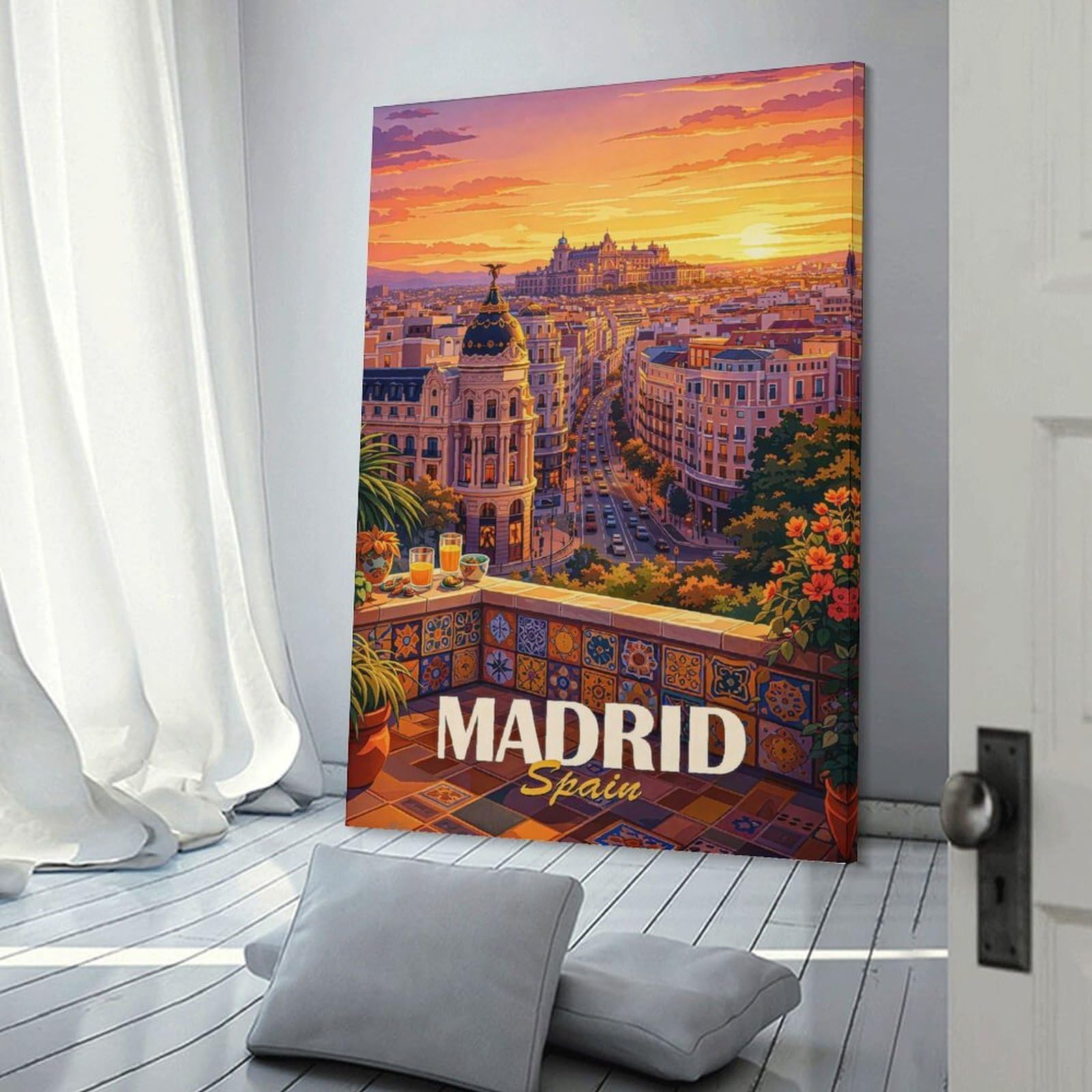 Junmoney Madrid Cityscape at Sunset Wall Art Print 16x24inch(40x60cm), for Hallway, Entryway Or Landing, Wall Decor to Refresh Empty Corners, for Cosy Room Updates