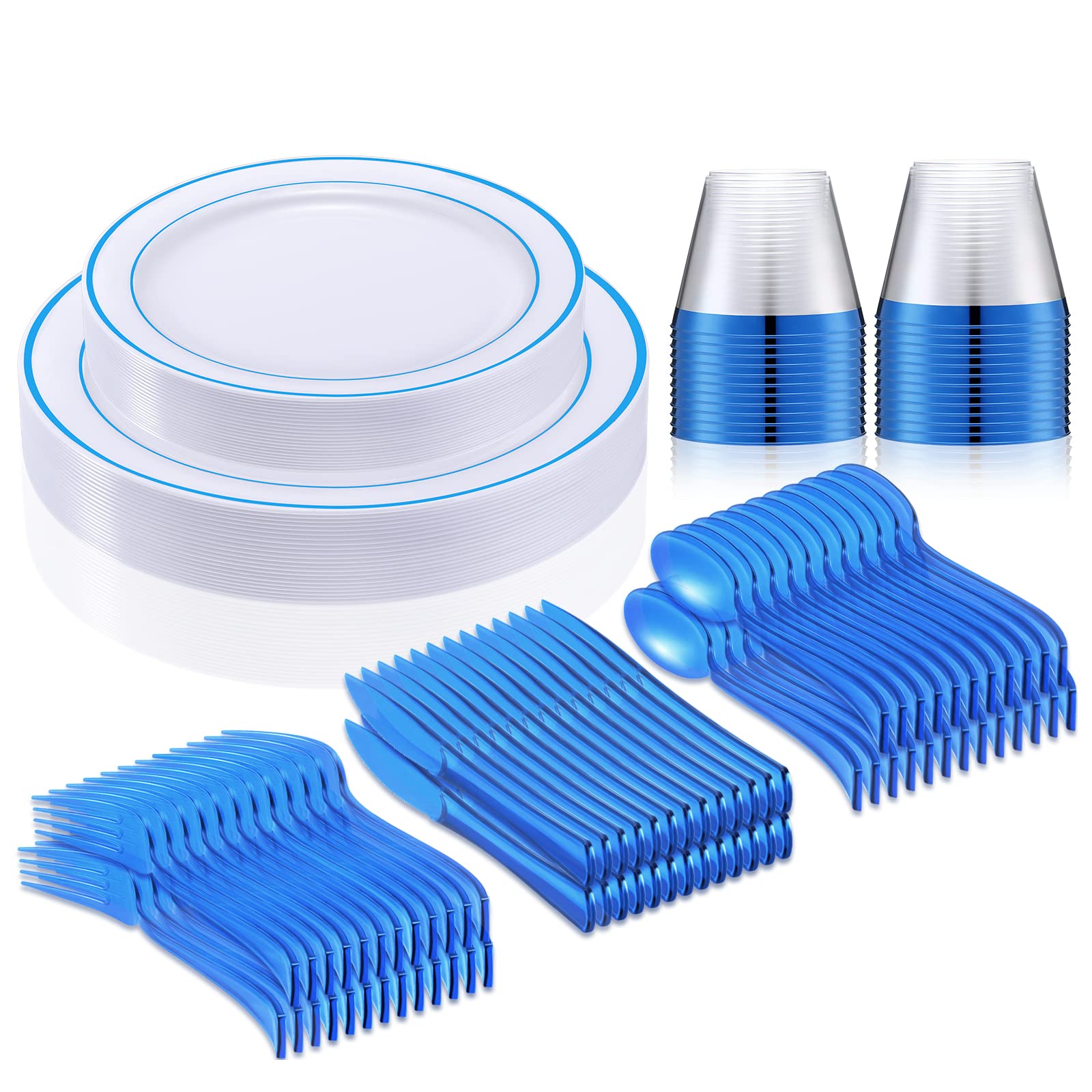 Zubebe 150 Pcs Plastic Dinnerware Set for Party, Disposable Cutlery for 25 Guest Include 25 Pcs 10.25" Dinner Plates 25 Pcs 7.5" Dessert Salad Plates 25 Cups 75 Silverware Knives Forks Spoons(Blue)