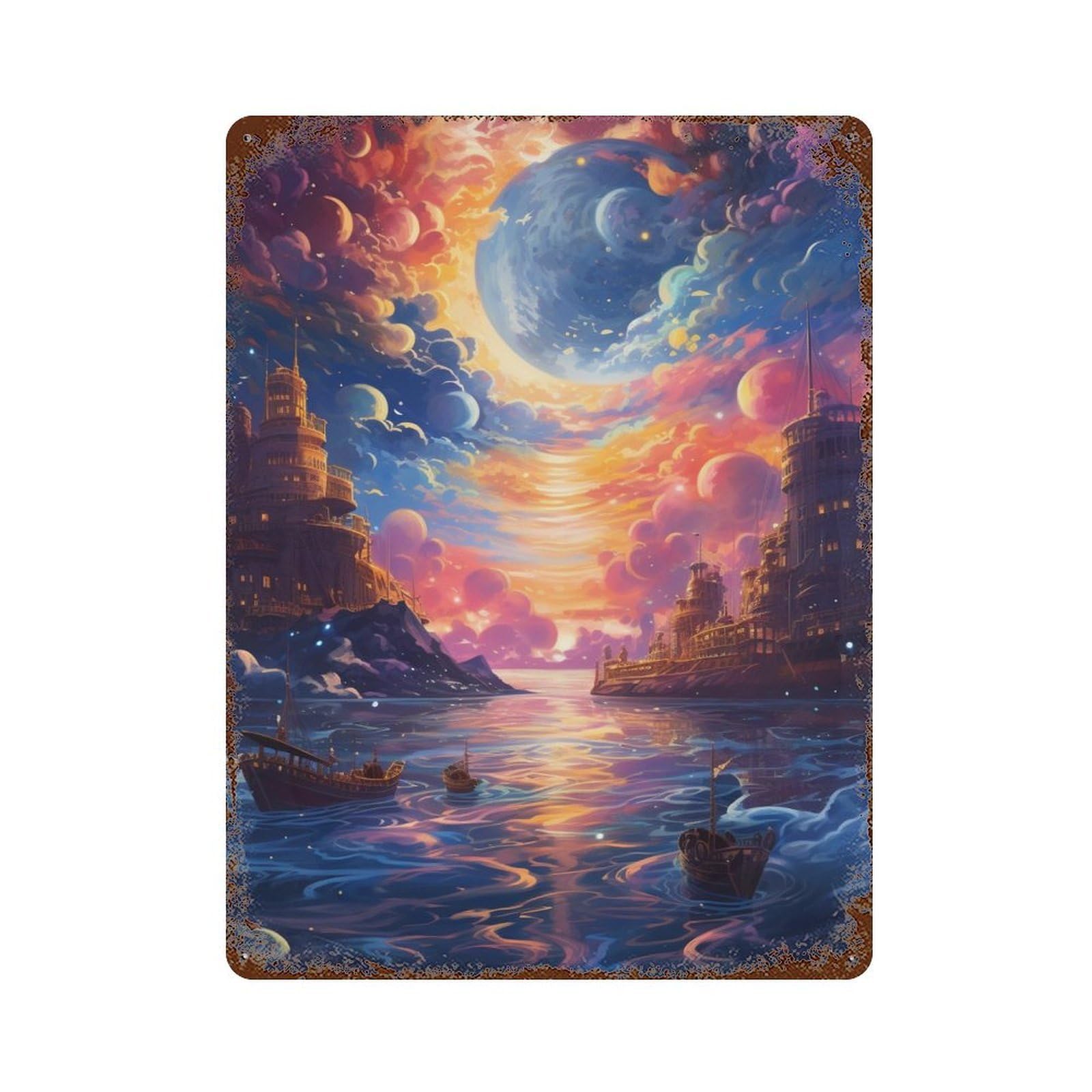 Rust Effect Fantasy Sea Sunset -1 Rusty Metal Tin Sign 15.7"x11.8", Farmhouse Wall Decor for Shed, Workshop And Garage Wall Decor