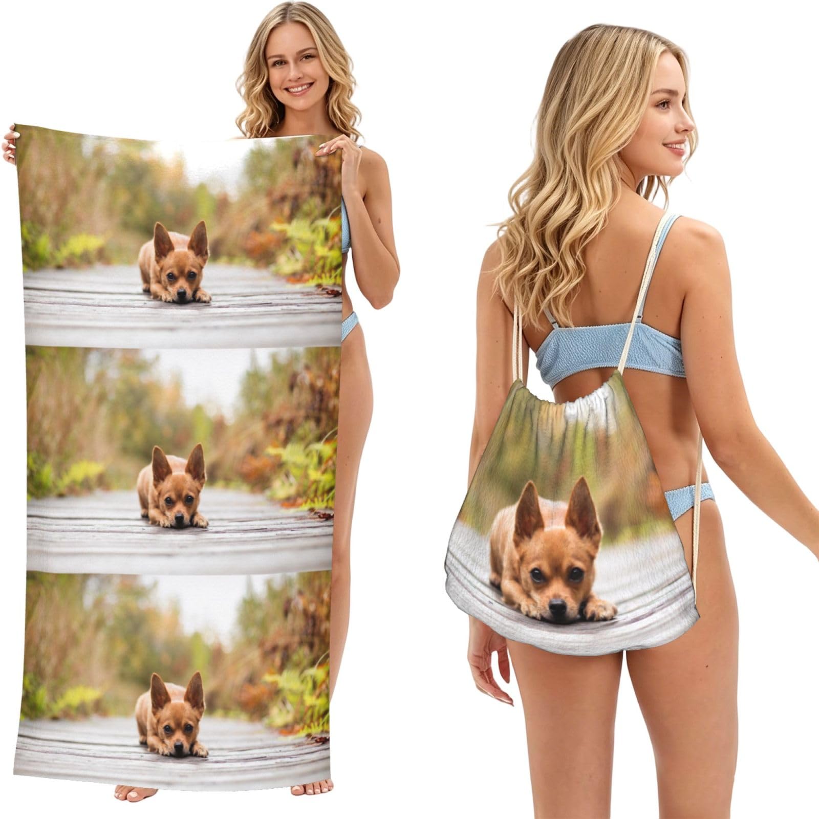 Poadnly As Picture Chihuahua Dog, 2 In 1 Packable Towel Bag, Beach Towels With Drawstring Backpack For Travel Holiday Camping