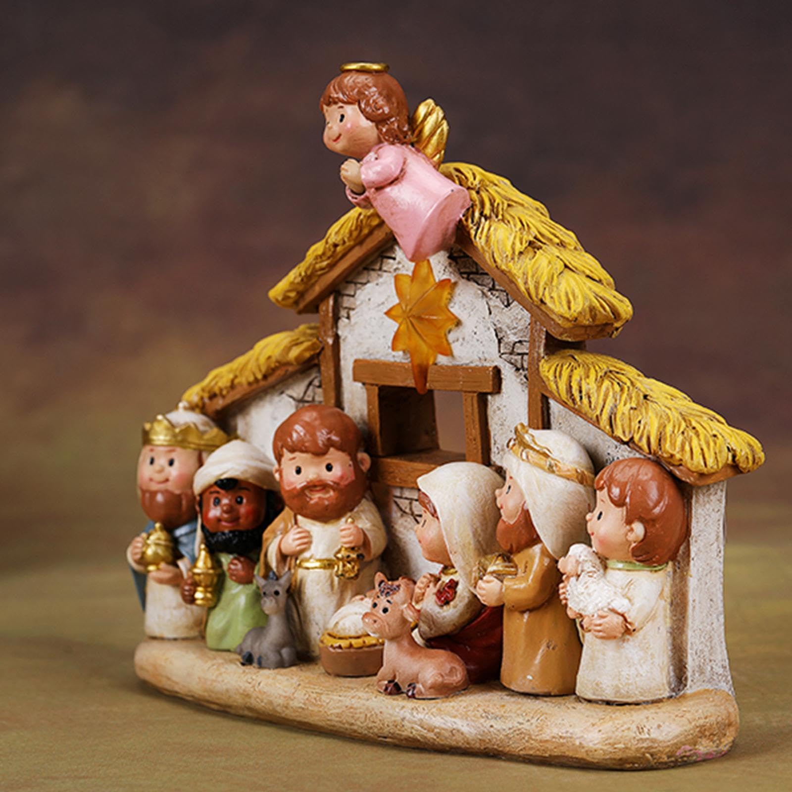 Sharplace Ensemble de crèche de Noël miniature en résine avec décoration lumineuse, sculpture de Noël, joli artisanat décoratif de table, 20,3 x 7,6 x 15,2 cm