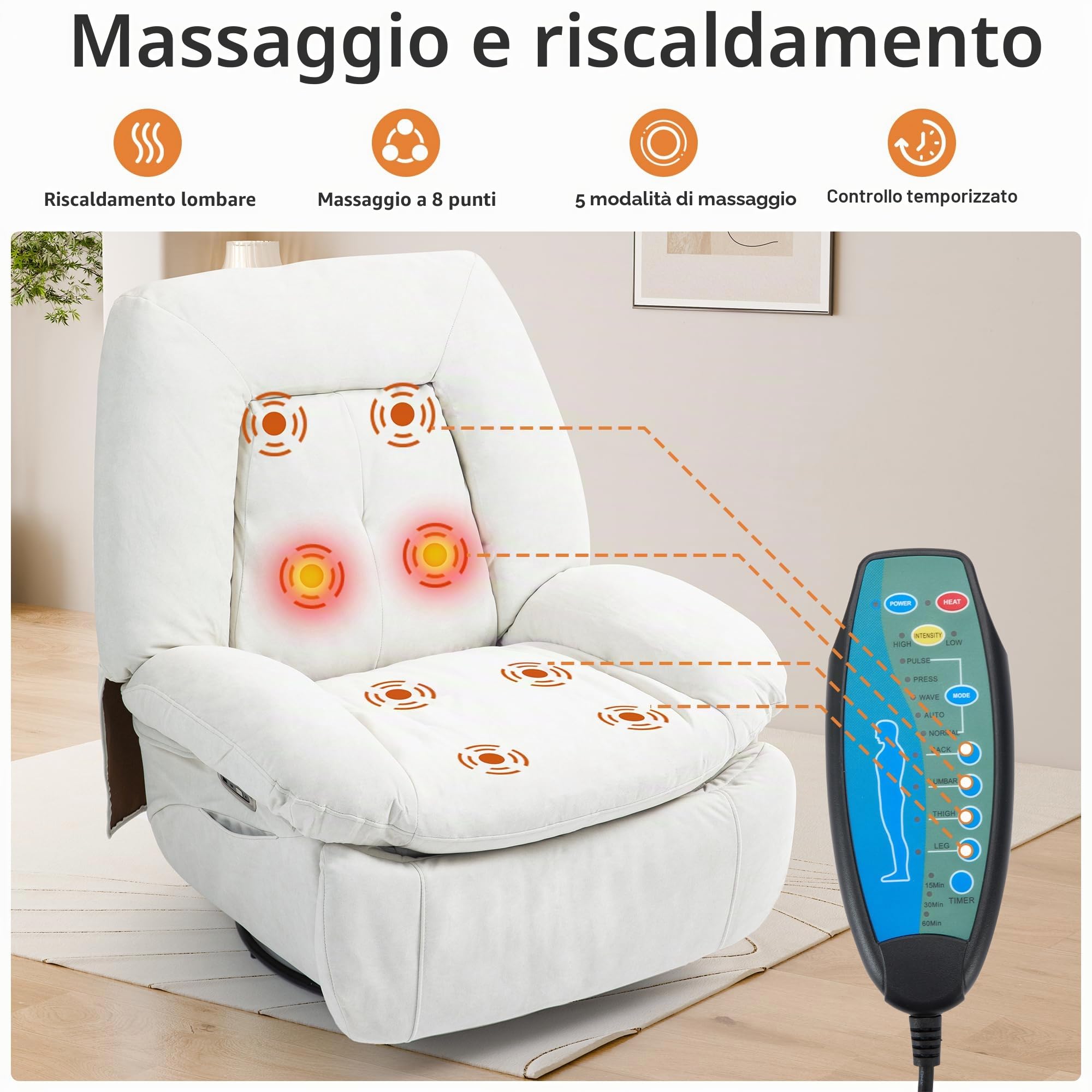 Poltrona relax elettrica per massaggio, riscaldamento vibrazionale, girevole con connettori tipo C e USB, 1 tasche laterali, poltrona reclinabile per TV, soggiorno (Bianco)
