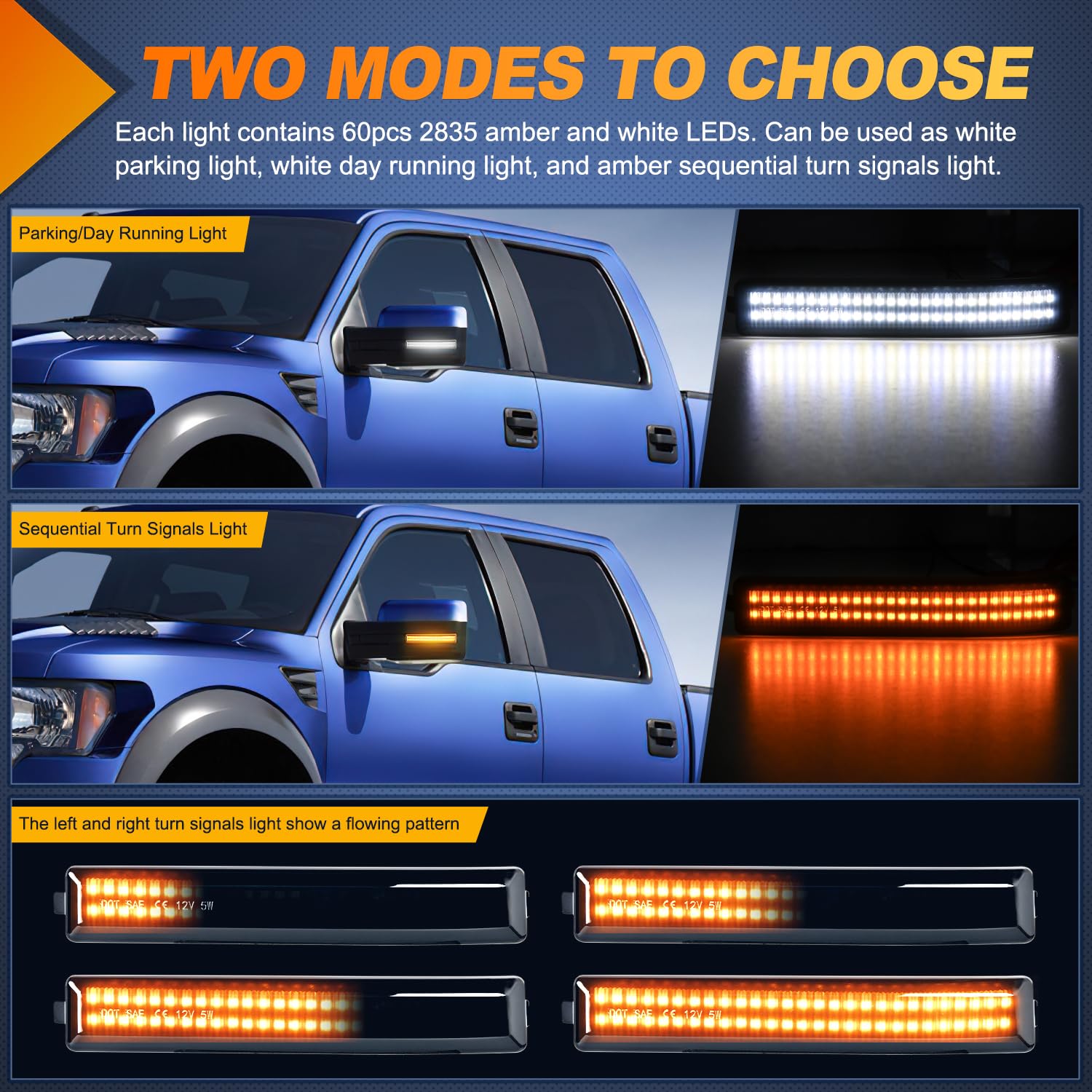 Dynamic Sequential LED Side Mirror Turn Signal Lights - Smoked Lens, Compatible With Ford F150 2004-2014, Raptor, Expedition, Mark LT - View #9