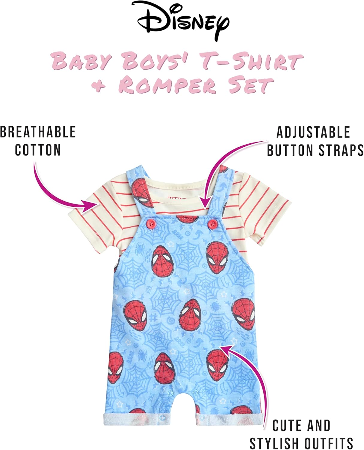 Disney Baby Boys Shorts Set - 2 Piece Spiderman Mickey Mouse Cars Winnie the Pooh Shortall Romper Shirt Short Set (0-3M-24M)