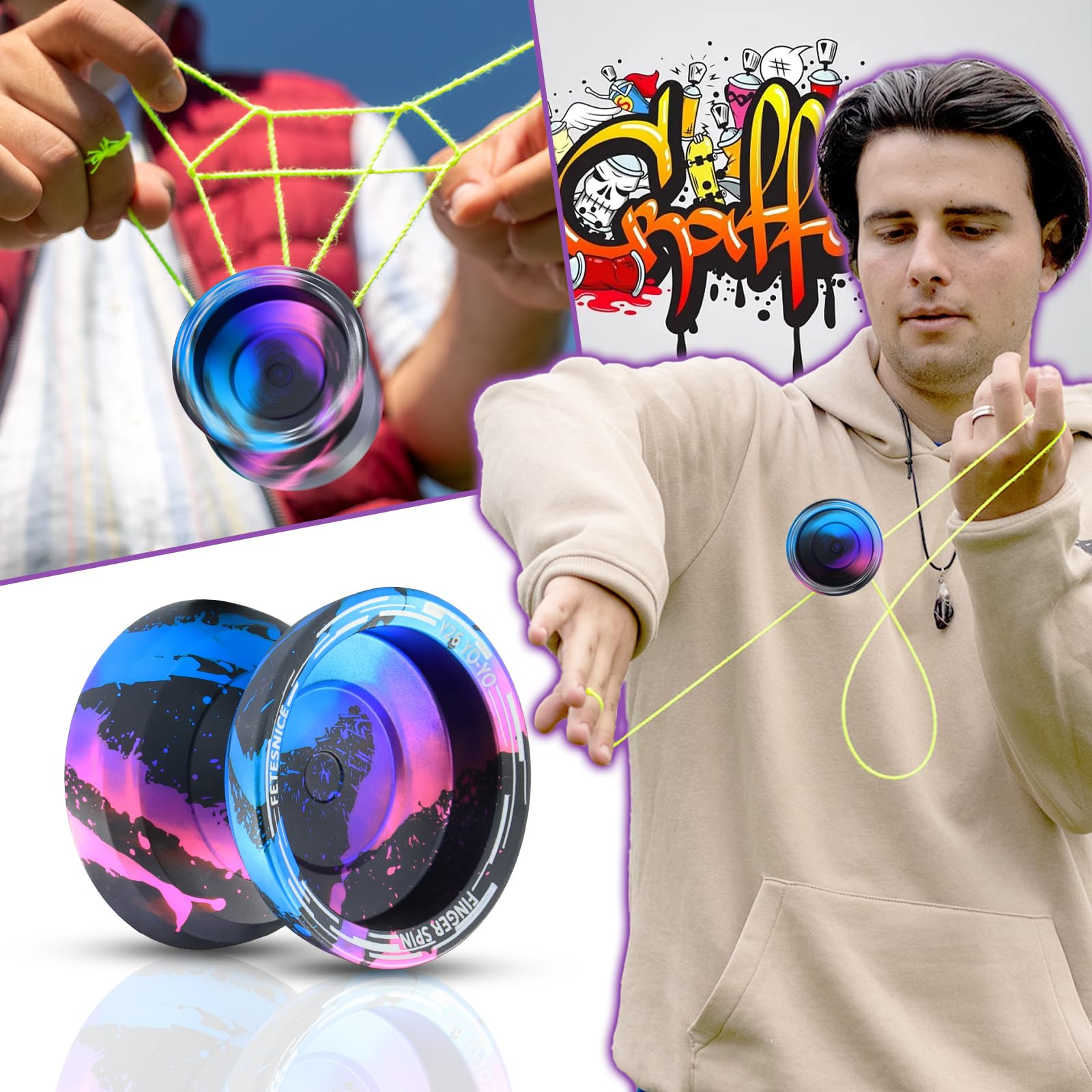 FETESNICE yoyo 002 - Yoyo profesional para niños y adultos, metal doble propósito, mariposas con bolsa, guante, 10 cuerdas