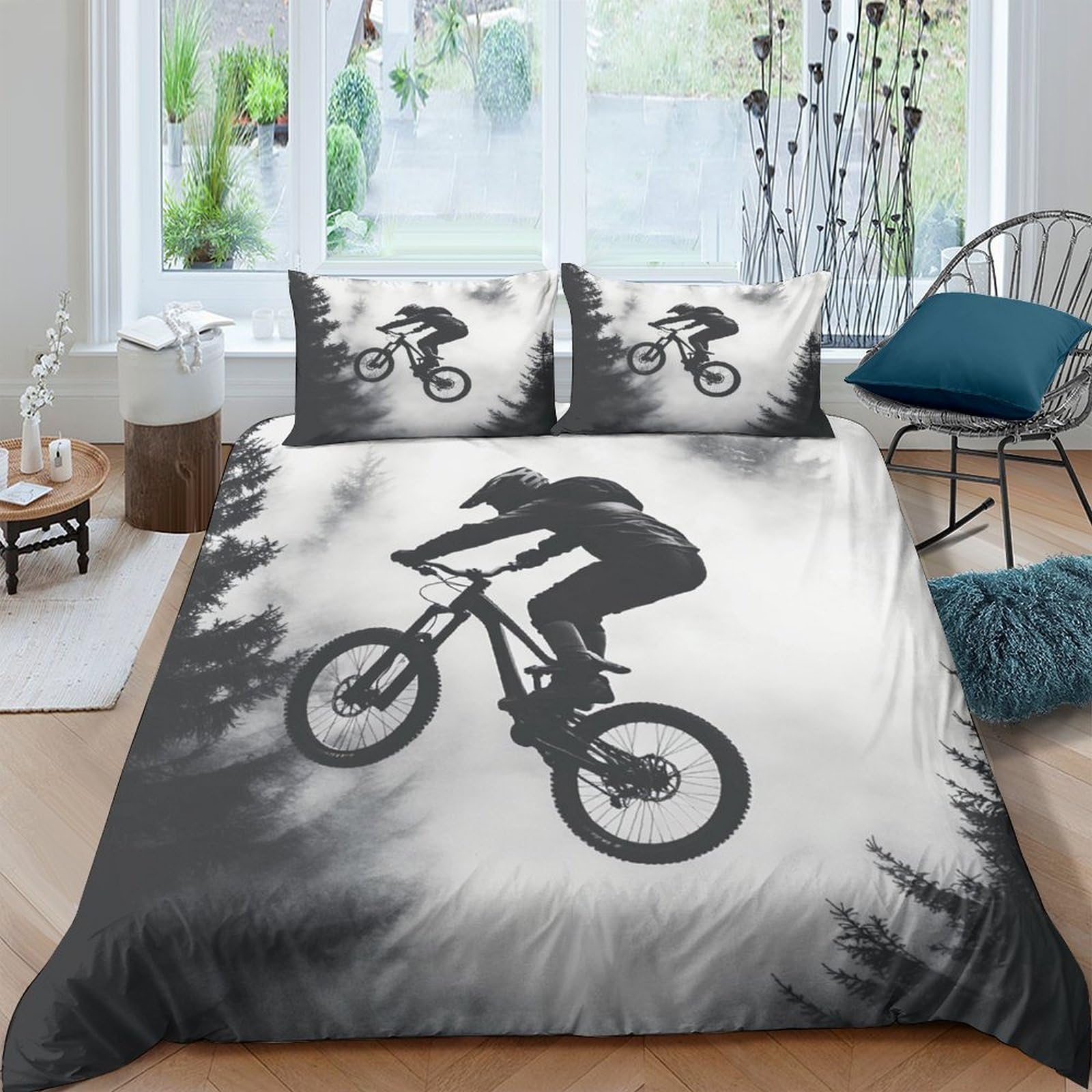 Ctjqhvkz Style-6 3D Printed Mountain Bike Fitted Sheet Microfiber Soft Black White Forest Cycling Bed Cover For Bedroom Dorm Mattress Protection Decor Single（135X200cm）