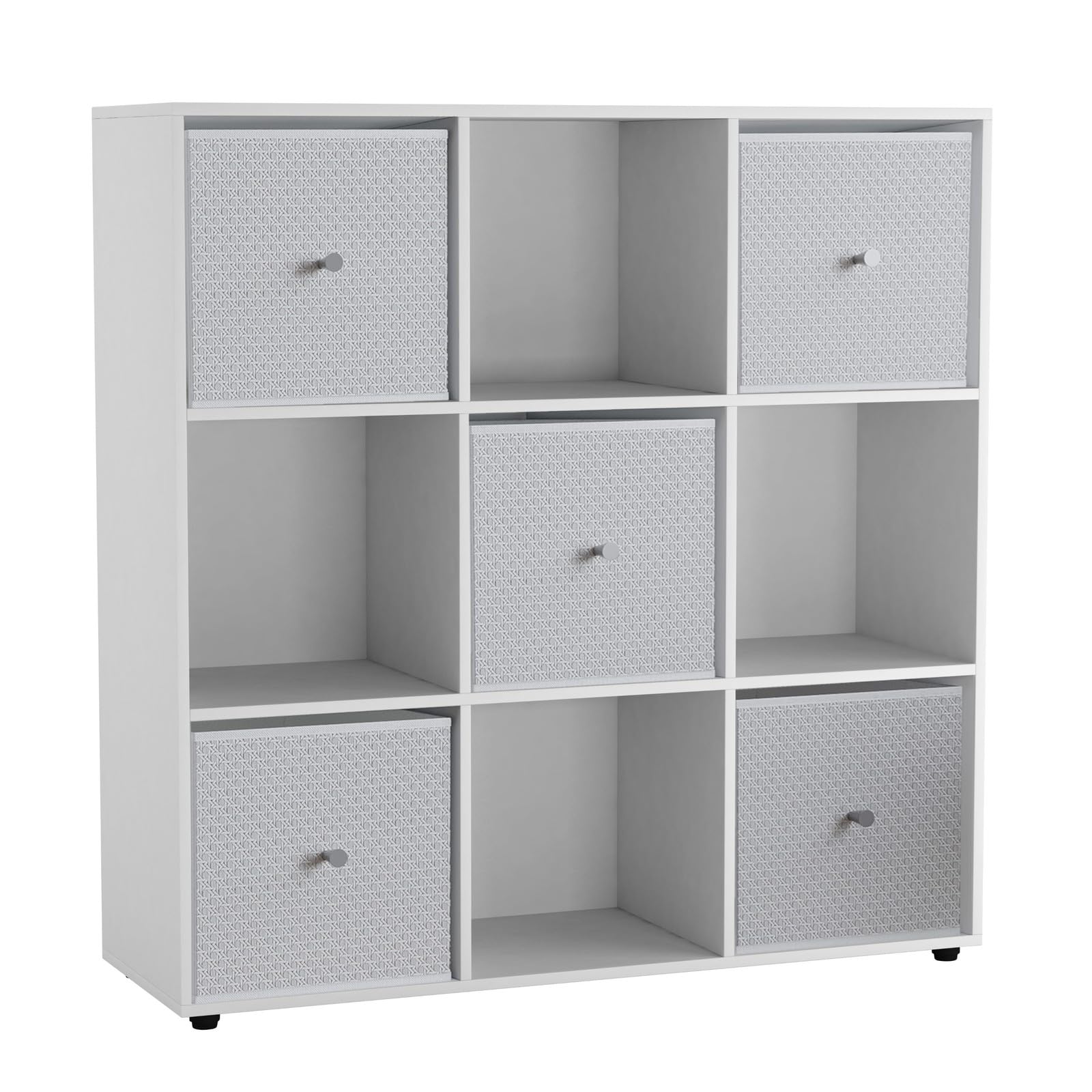 URBNLIVING 9 Cube Storage Unit with 5 Foldable Fabric Drawers, Wooden Freestanding Bookcase Shelf Organiser, Modern Cube Shelving for Bedroom, Office, Living Room, Toys, Clothes & Books