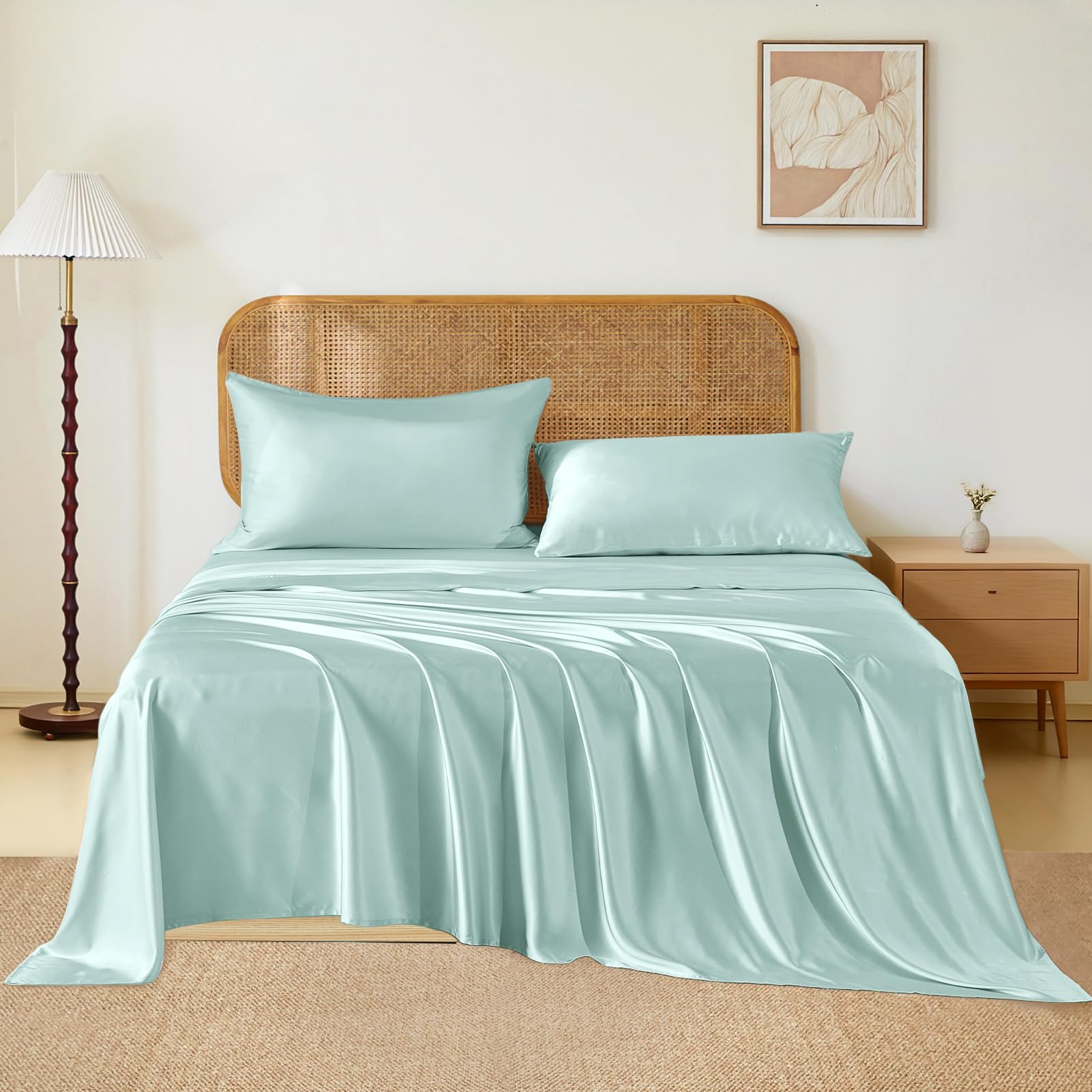 THXSILK Luxury Mulberry Silk Bed Sheets Set - 4pcs Silk Sheets Set 16" Deep Pocket - 1 Flat Sheet, 1 Fitted Sheet, 2 Pillowcases with Zipper Closure -