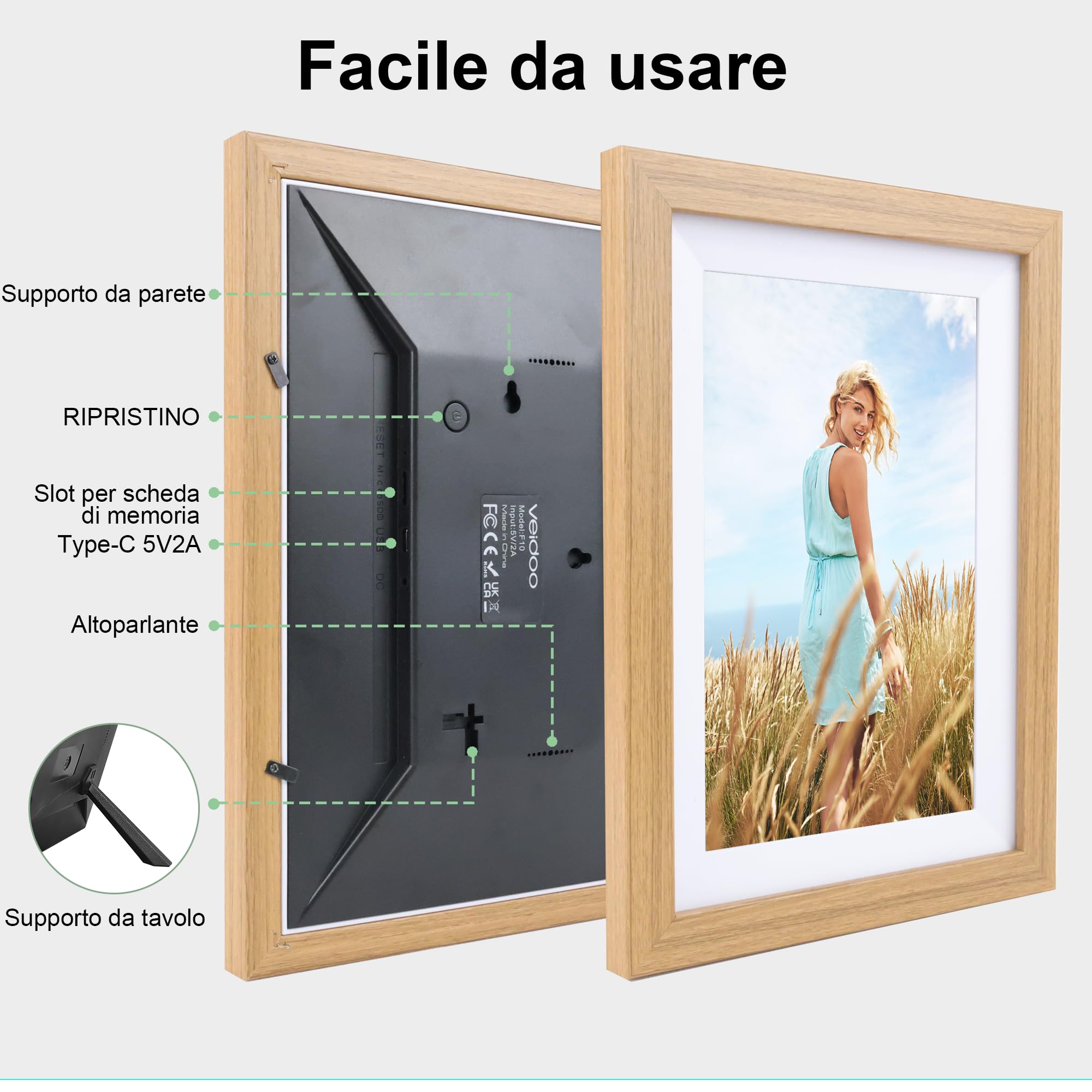 Veidoo Frameo 10 1 Pollici 32GB WiFi Cornice Foto Digitale 1280x800 IPS Touchscreen Rotazione Auto Condividi Foto Video tramite App Sincronizza Calendario Famiglia