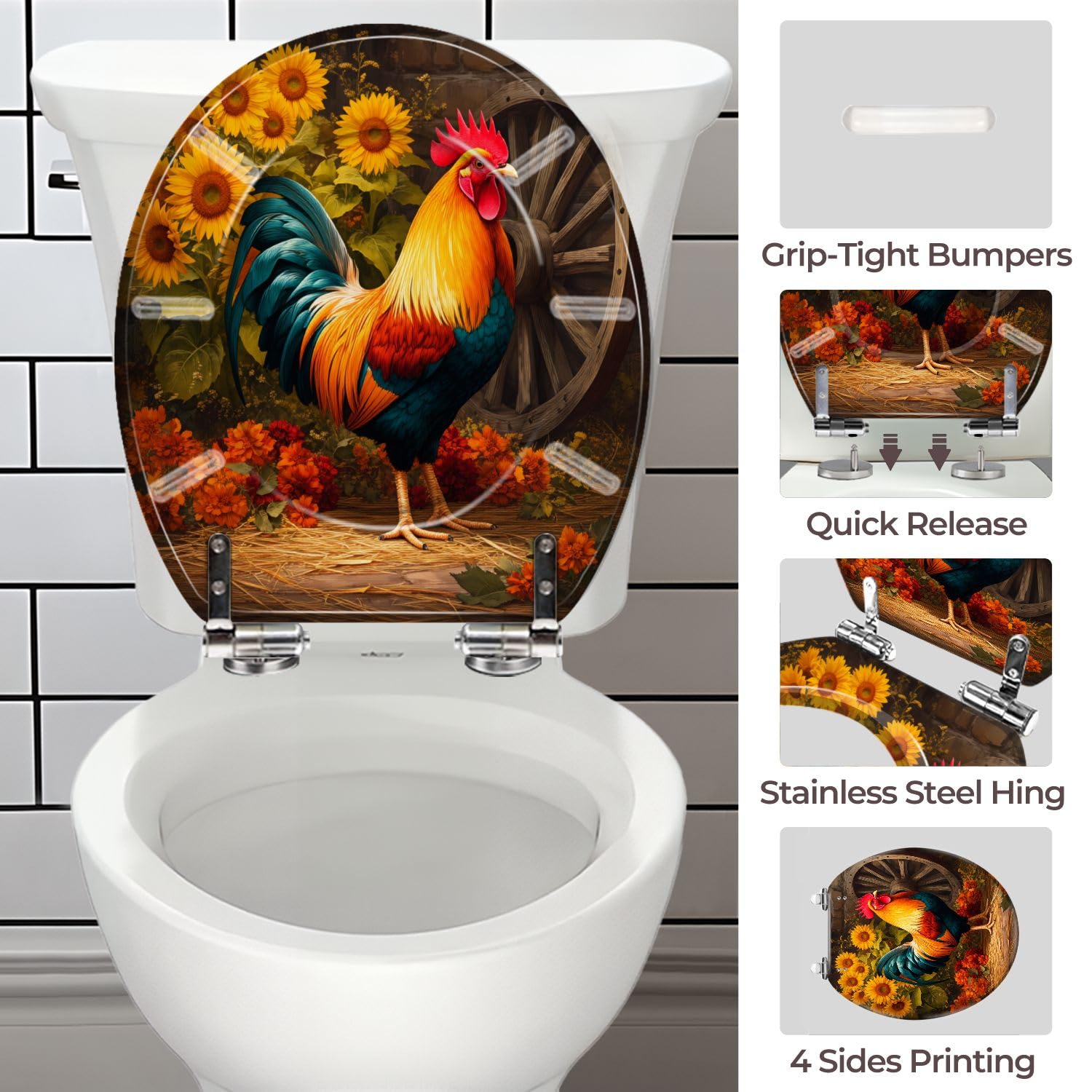 Asiento de inodoro redondo de resina con diseño de gallo y girasol estilo granja, con bisagras de cierre suave.